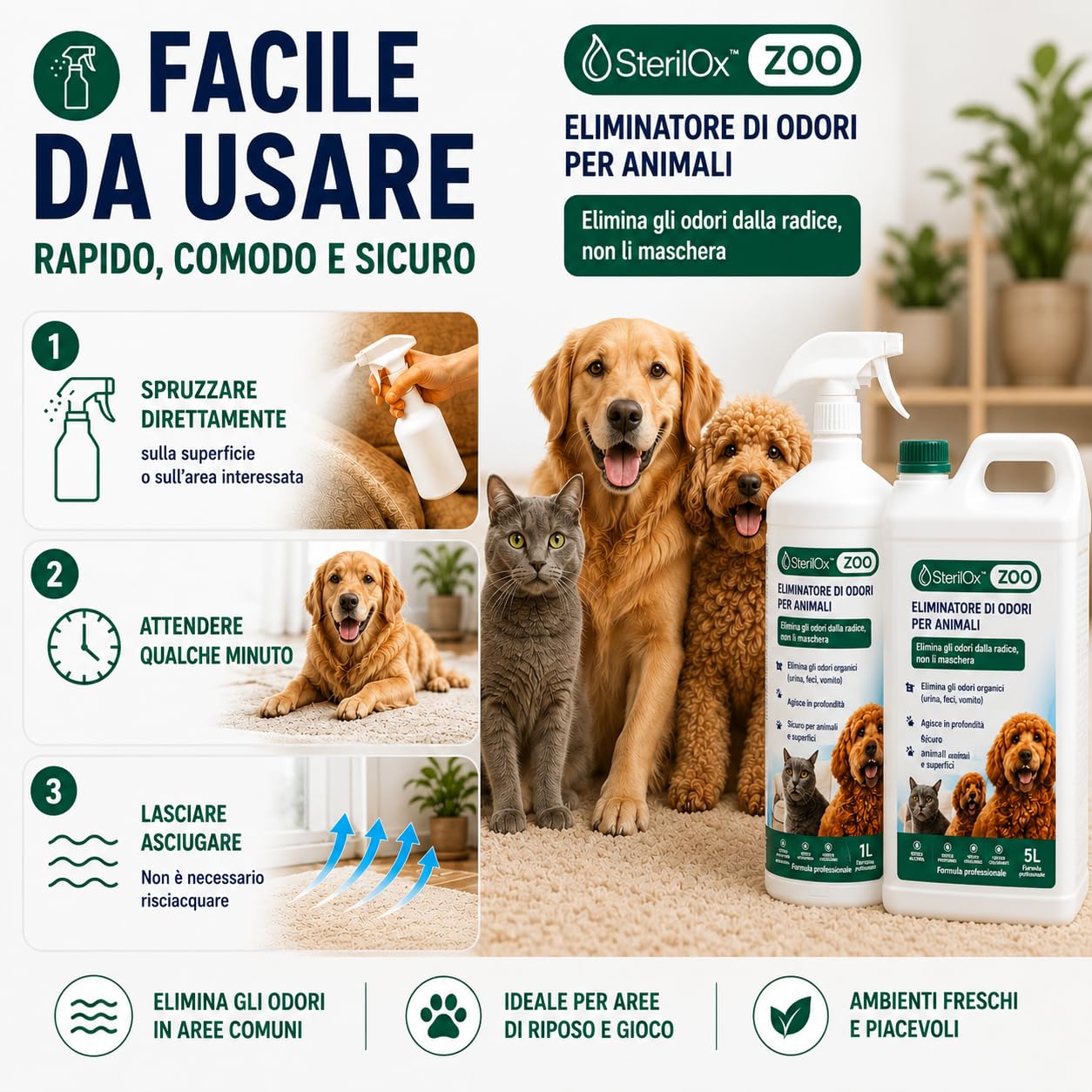 ZOO 1L – Eliminatore odori HOCl per cani, gatti e cucce | Neutralizza gli odori • HOCl • Per cani e gatti • Senza alcool