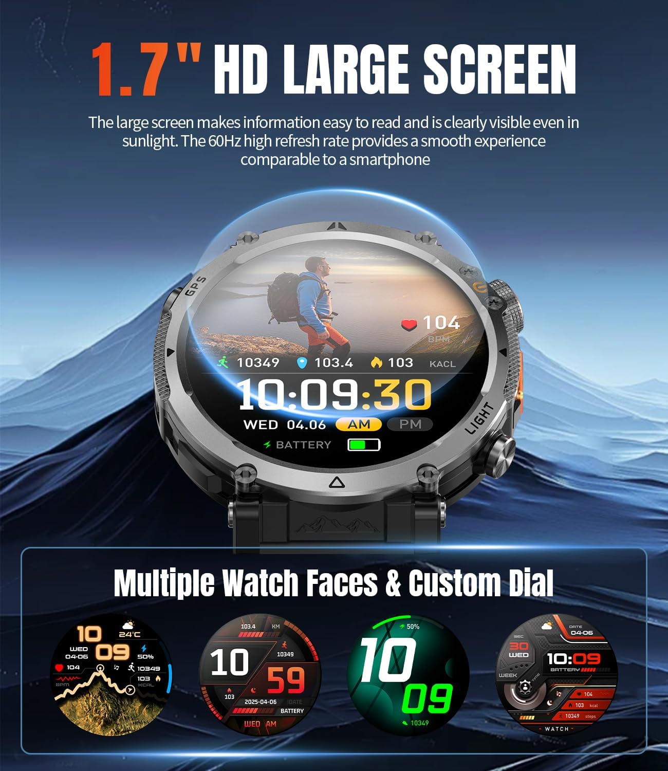 Men's Military Smart Watch with GPS, 1.7-Inch HD Screen, 3ATM, Supports Answer/Make Calls, with LED Flashlight, 100+ Sports Modes, Fitness Tracker (Black and Orange Tape)