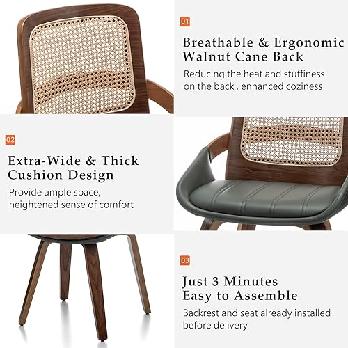 Miniatura 3 de Juego de 4 sillas de cocina y comedor, sillas de comedor verdes con marco de madera curvada de nogal, respaldo ergonómico de ratán, brazos curvos,