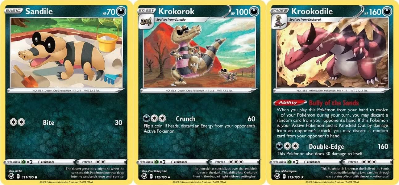 Krookodile 113/195- Silver Tempest - Pokemon Evolution Card Set - Rare 3 Card Lot
