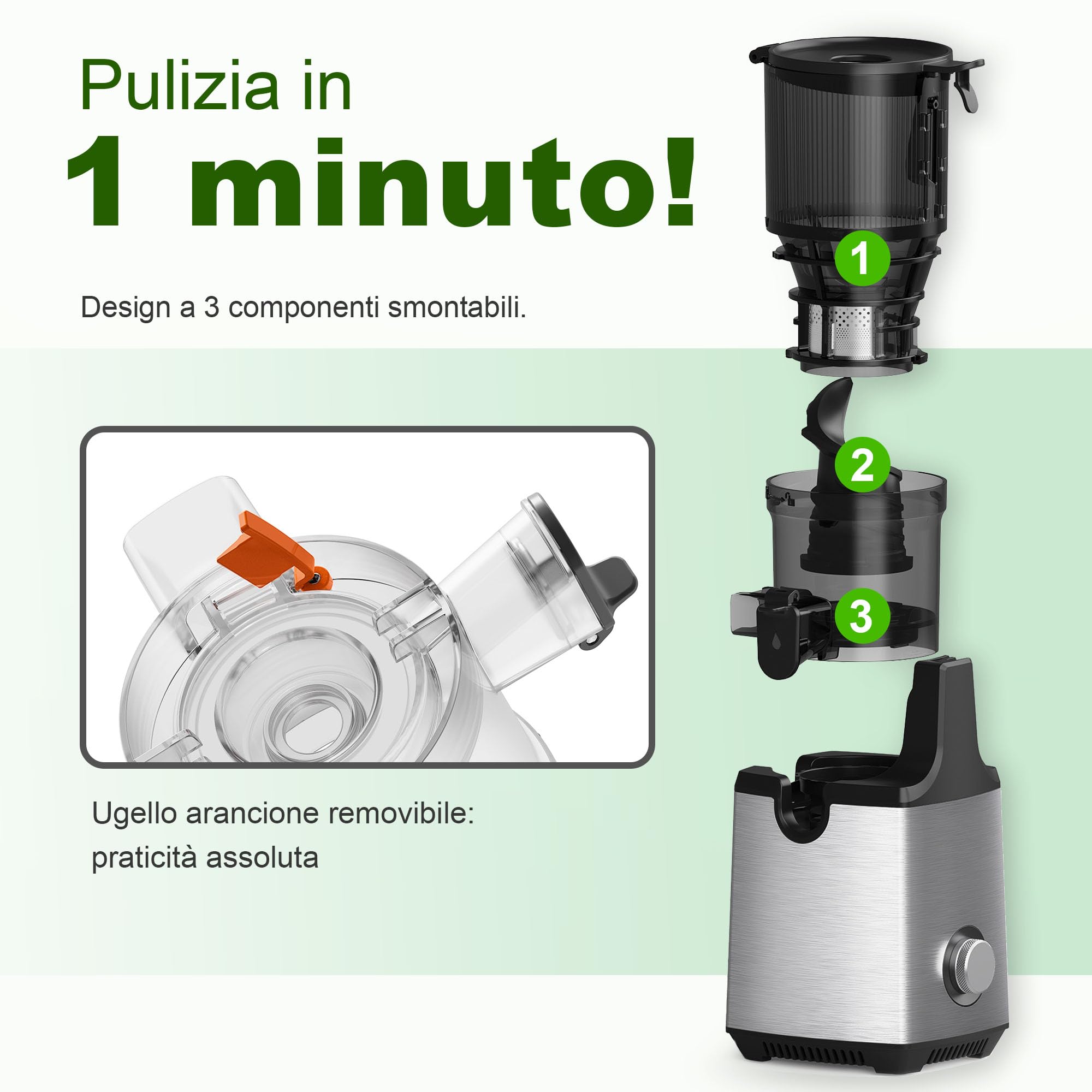 Fretta Estrattore di succo a masticazione lenta 250 W, tecnologia a pressione a freddo per succo ricco di sostanze nutritive, ampio scivolo 135 mm (Argentato)