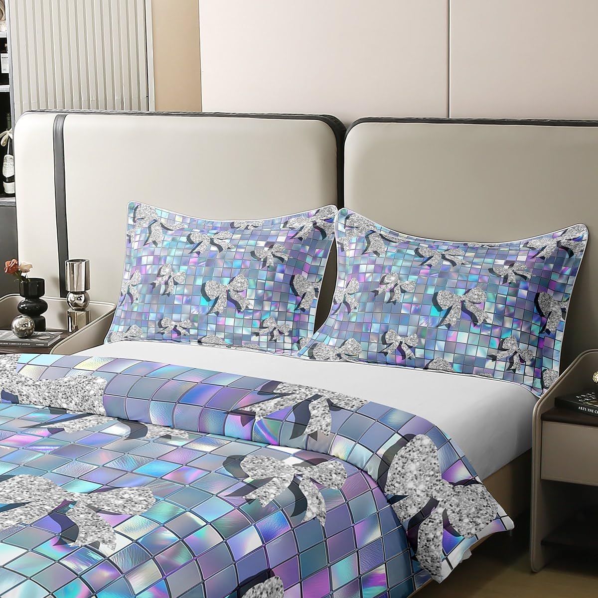 Homewish Diamentowa kokarda king zestawy pościeli kokarda bawełniana poszewka na kołdrę tęczowa opalizująca kratka 3D muszka poszewka na kołdrę błyszcząca księżniczka dziewczęcy motyw pościel zestaw