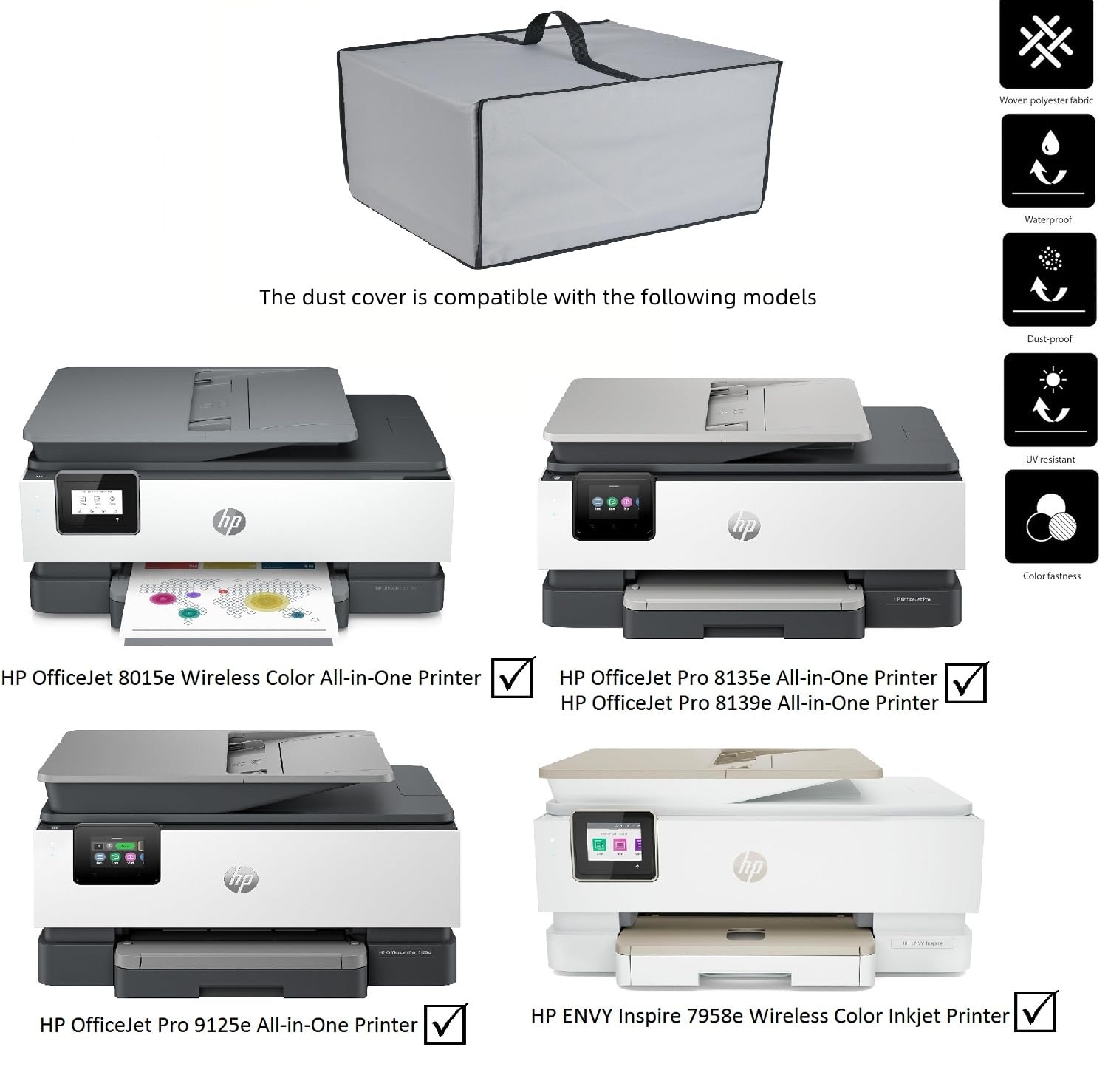 Heavy Duty Fabric Water-proof UV-Resistant Dust Cover for HP OfficeJet 8015e Wireless Color All-in-One Printer/Pro 8135e/Pro 9125e/Pro 8139e/HP ENVY Inspire 7958e Printer (Silver)