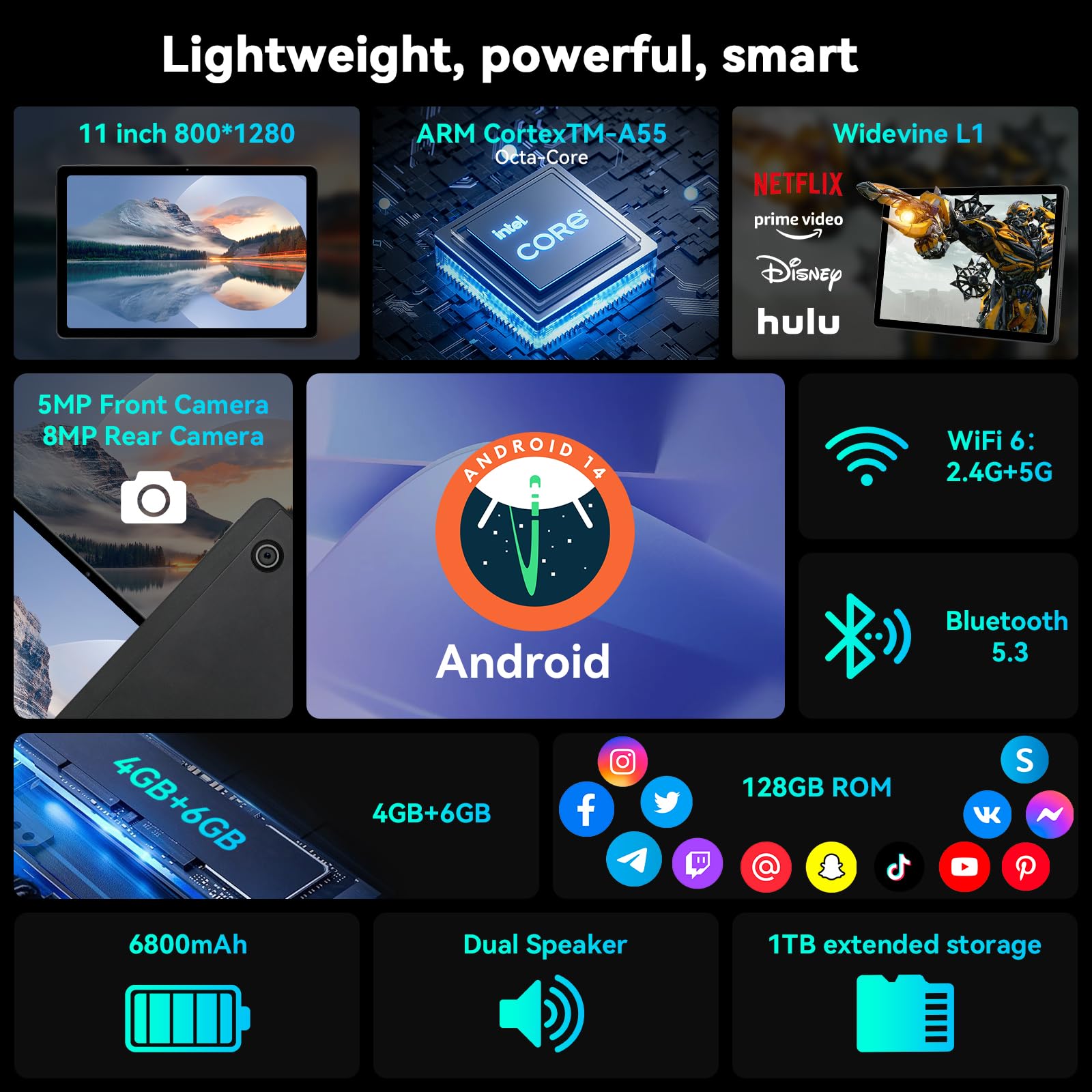 Tablet Android14 11 pollici 10 GB di RAM e 128 GB di ROM (TF 1TB espandibile) Processore octa-core 5MP+8MP Doppi altoparlanti Widevine L1+WiFi 6+Bluetooth 5.3 1280*800 HD Batteria 6800mAh (Nero)