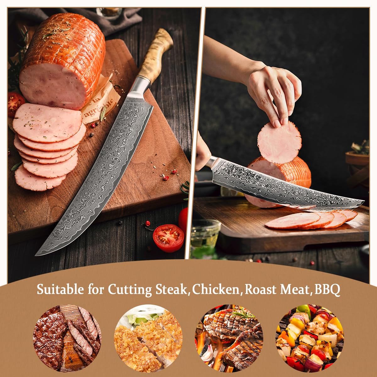HEZHEN Damast Tranchiermesser, Damaststahl Fleischmesser Professionelle Slicer Messer, Zum Schneiden von Truthahn, Grill