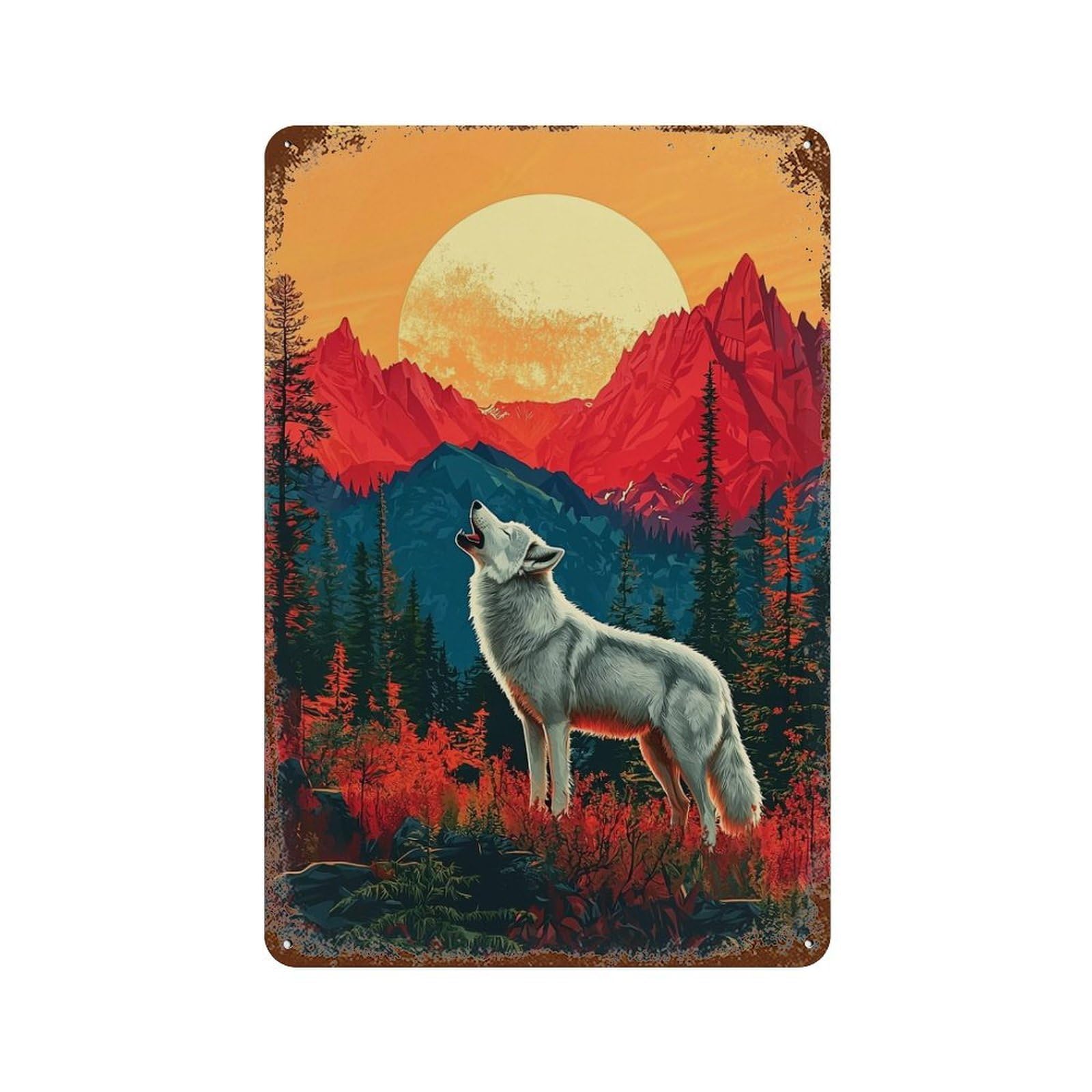 Wolf Howling at Sunset Retro Metal Sign 11.8"x7.9", Vintage Wall Decor for Bistro, Counter And Cafe Decor