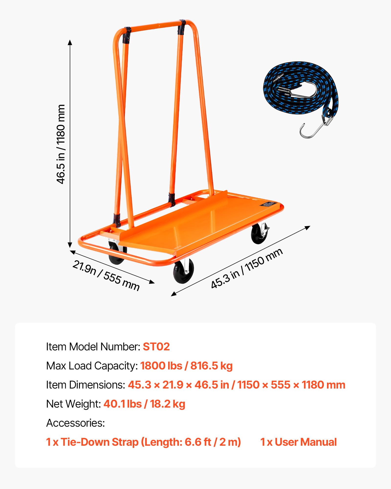 VEVOR Carrello per Pannello Cartongesso, Carico 816 kg in Acciaio con Ruote Girevoli, Durevole e di Lunga durata, Carrello con Cinghia di Fissaggio per Compensato, Cartongesso, Vetro, Arancione