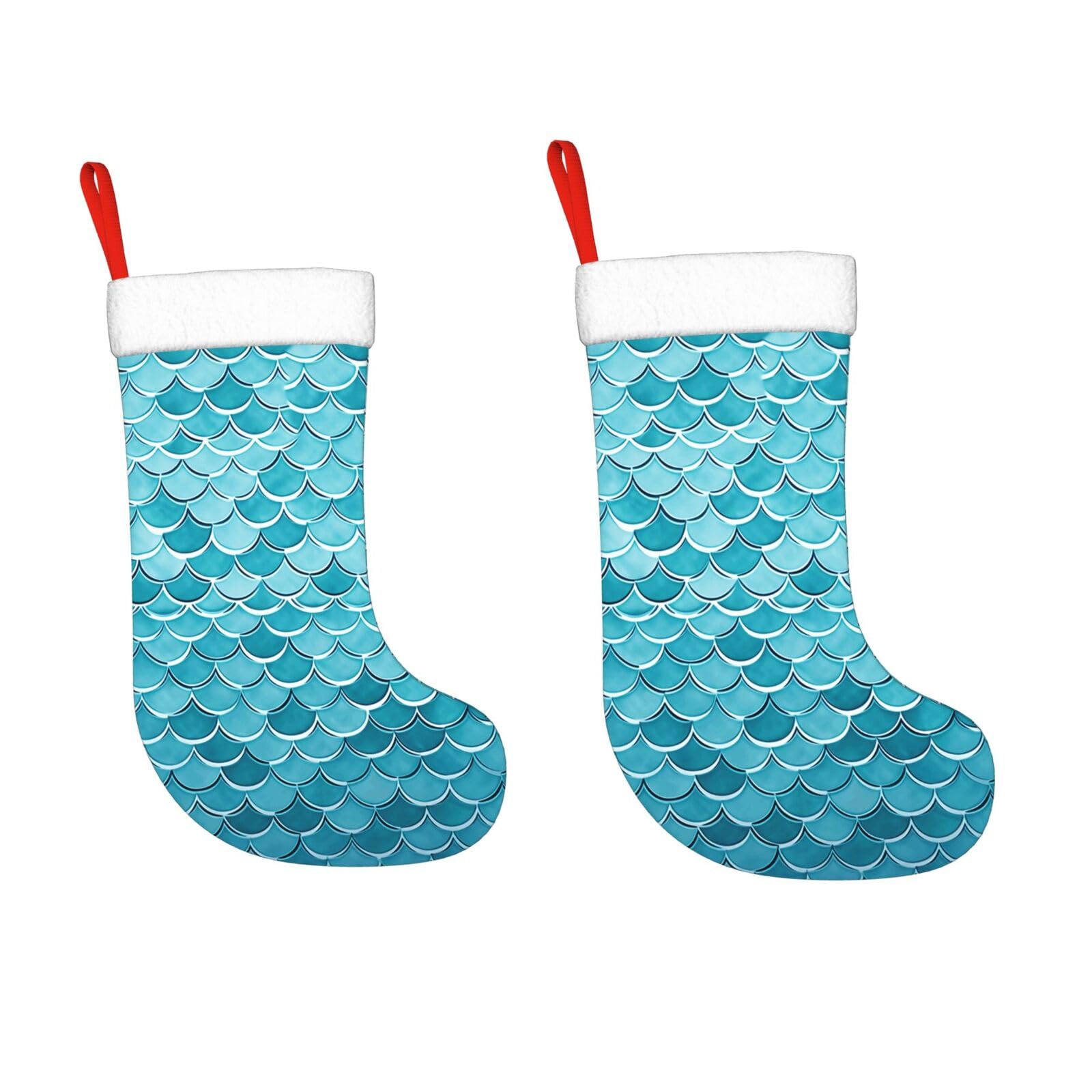 KLOPH 2 Pack 18 Inches Christmas Stockings Personalized Blue Waves Squama Mermaid Scale Xmas Stocking Hanging Decoration Fireplace Stocking for Holiday Xmas Tree Christmas Fireplace Decor Gifts
