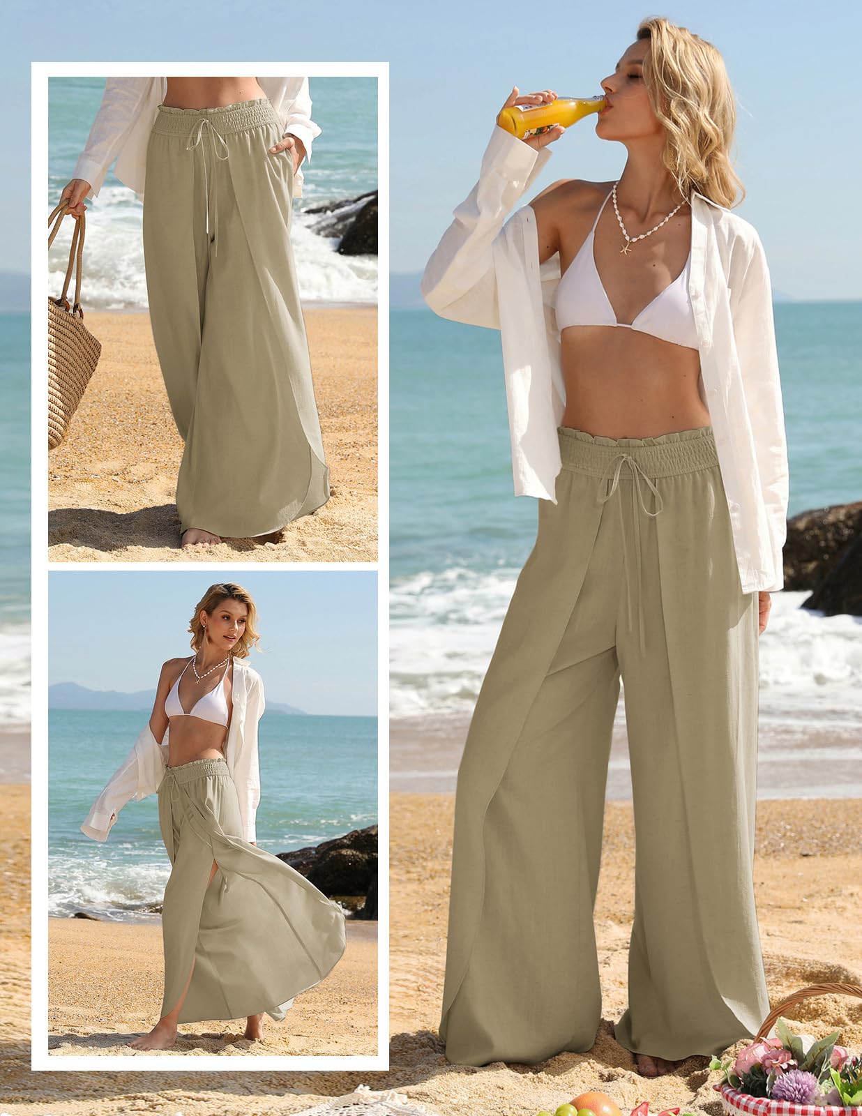 GRACE KARIN Pantaloni a Gamba Larga da Donna, da Lavoro, da Ufficio, Casual, in Lino, con Elastico in Vita e Tasche