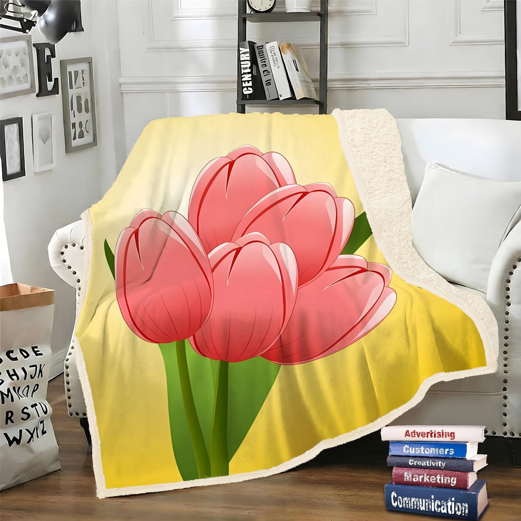 Rosa Tulpe Fleecedecke 130x150 cm – Extra dick & kuschelweich, Yellow Flauschige Decke für Einzelbett, Sofa & Wohnzimmer, Überwurf
