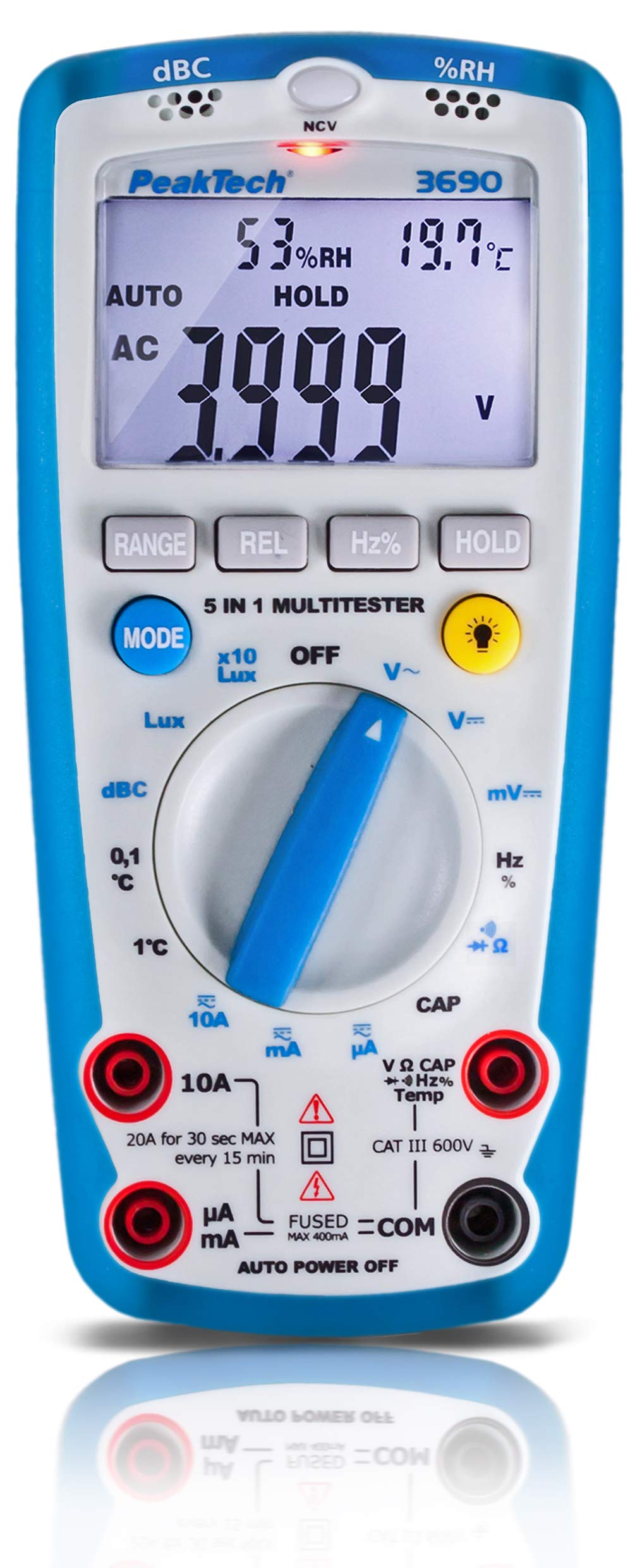 PeakTech P 3690 – Digitales 5-in-1 Messgerät – Multimeter, Schallpegelmessgerät, Luftfeuchtigkeitsmessgerät, Thermometer, Durchgangsprüfer in einem – Strommessgerät mit 4000 Counts 600V