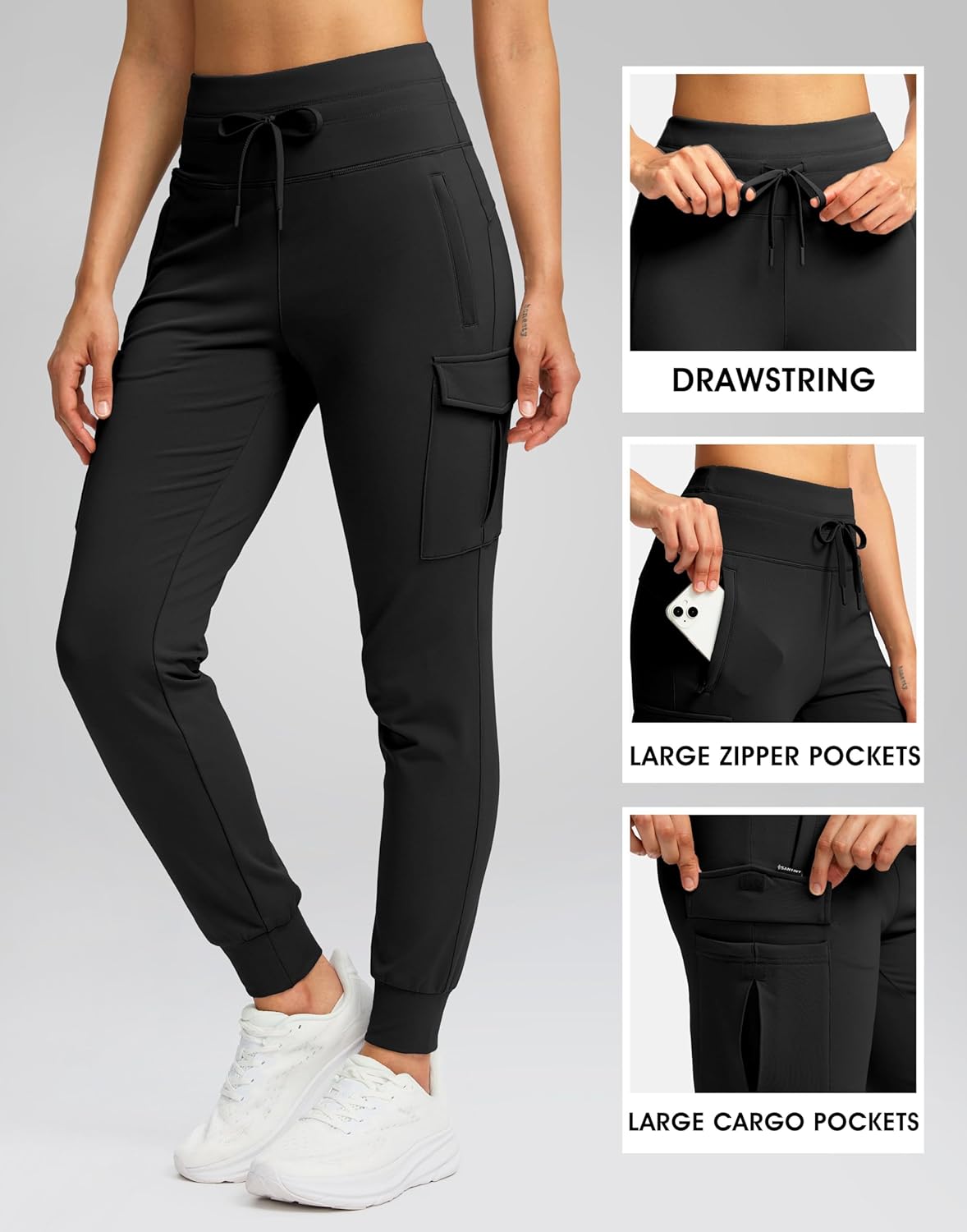 SANTINY Women Fleece Lined Cargo Joggers High Waisted Winter Warm Waterproof Hiking Pants with Zipper Pockets - Image 2