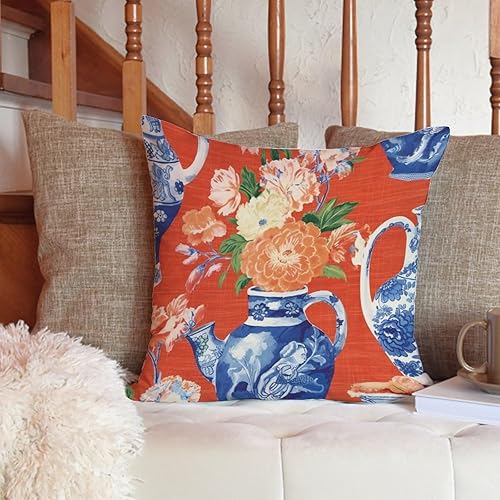Miniatura 6 de ArogGeld Funda de cojín para sofá, jarrón chinoiserie Ming, color naranja, diseño de flores de jardín oriental, tarro de jengibre, almohadas