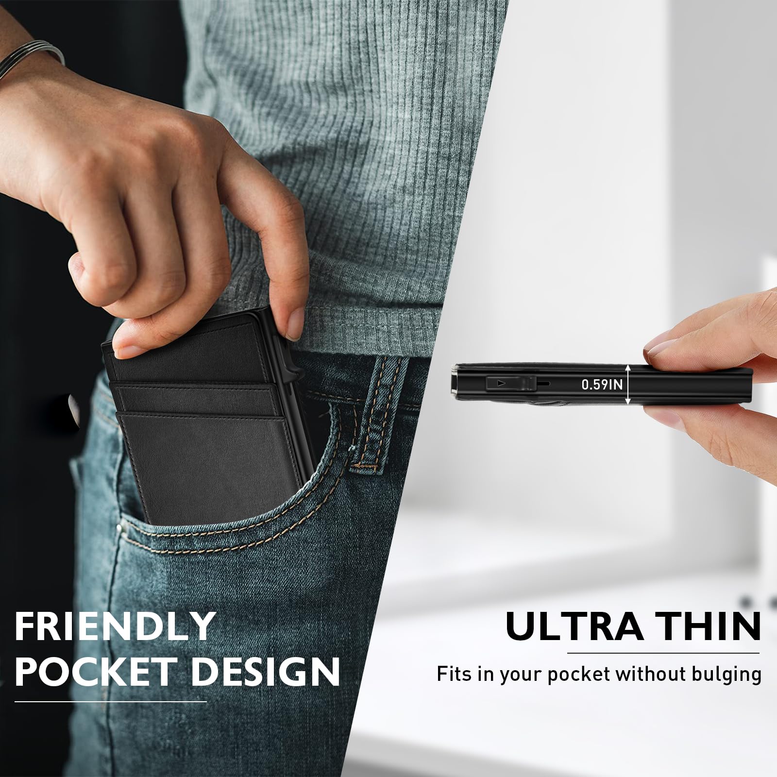 MIAOKE 9-14 Card Capacity Men's Slim Wallet, Leather RFID Blocking Card Holder with ID Window, Stylish, Compact, Minimalist, Ultra-Thin, Front Pocket