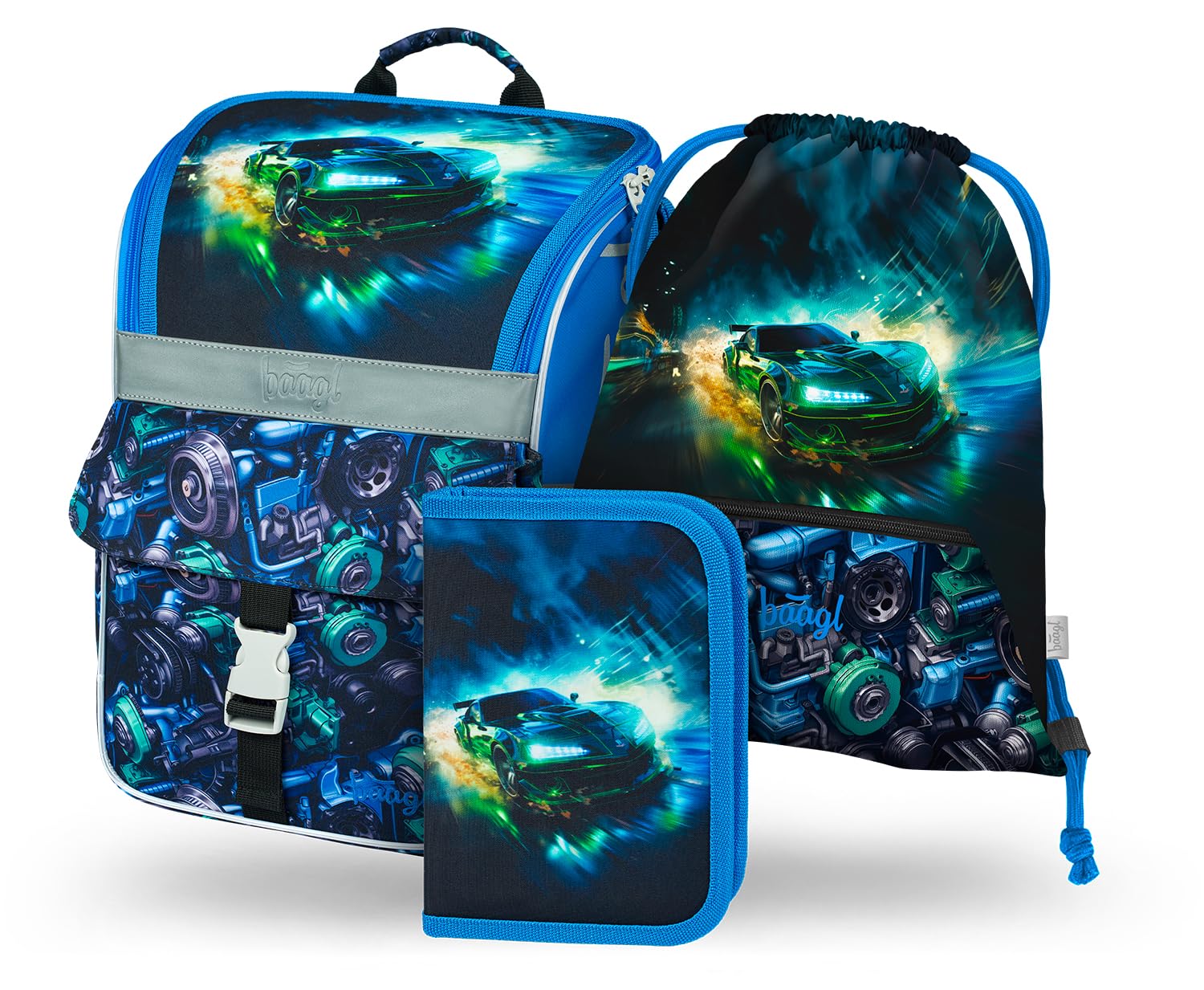 Baagl Mochila escolar para niños y niñas, 3 piezas, mochila escolar Zippy para 1ª clase, mochila escolar primaria con correa para el pecho, mochila escolar ergonómica, Coche de carreras, Juego de