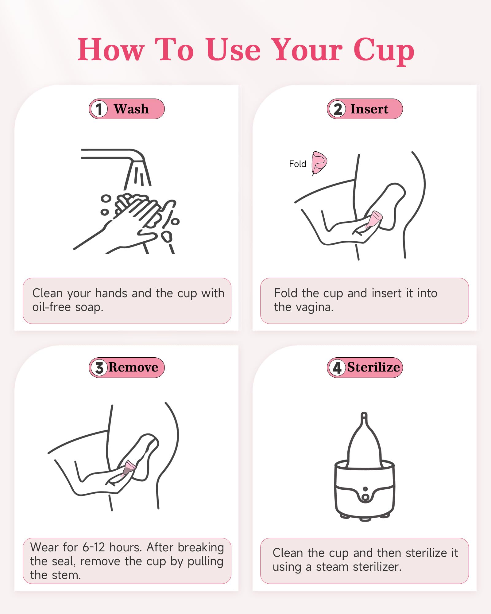 Juego de 2 vasos menstruales reutilizables con esterilizador de copa menstrual, kit de lavado limpiador de copas menstruales, uso cómodo durante 12 horas (pequeño y grande)