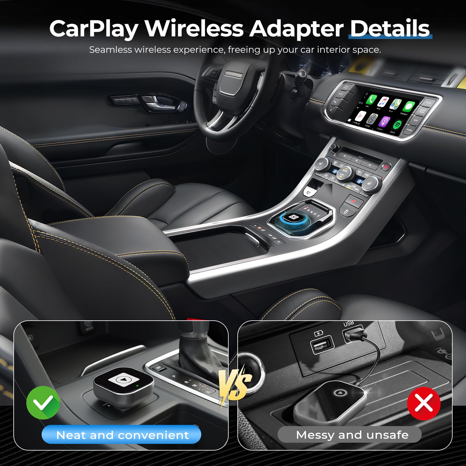 Adaptateur carplay sans Fil,Car Play sans Fil,Cle carplay sans Fil,Plug and Play,Wi-FI 5,8GHz,Convertir Filaire en sans Fil,Compatible avec Les Voitures à partir de 2016 et iOS 10+ Android11+