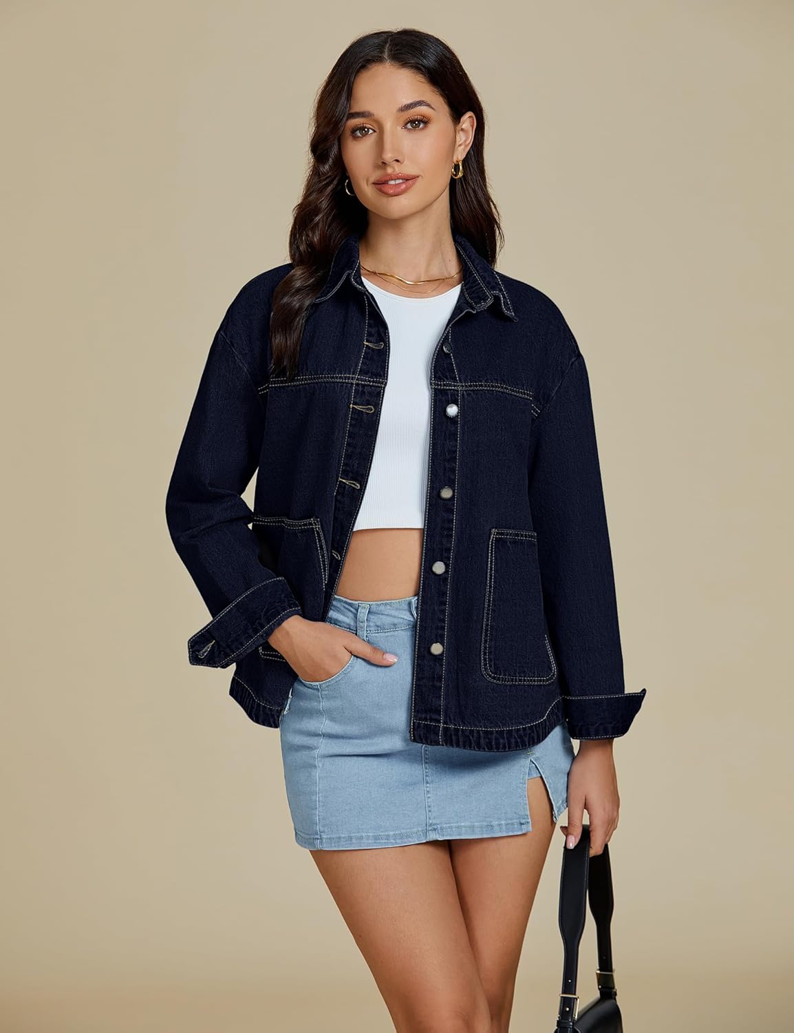 luvamia Denim Jackets for Women Trendy Oversized Long Sleeve Button Down Jean Jacket Casual Shacket with Patch Pockets - Image 5