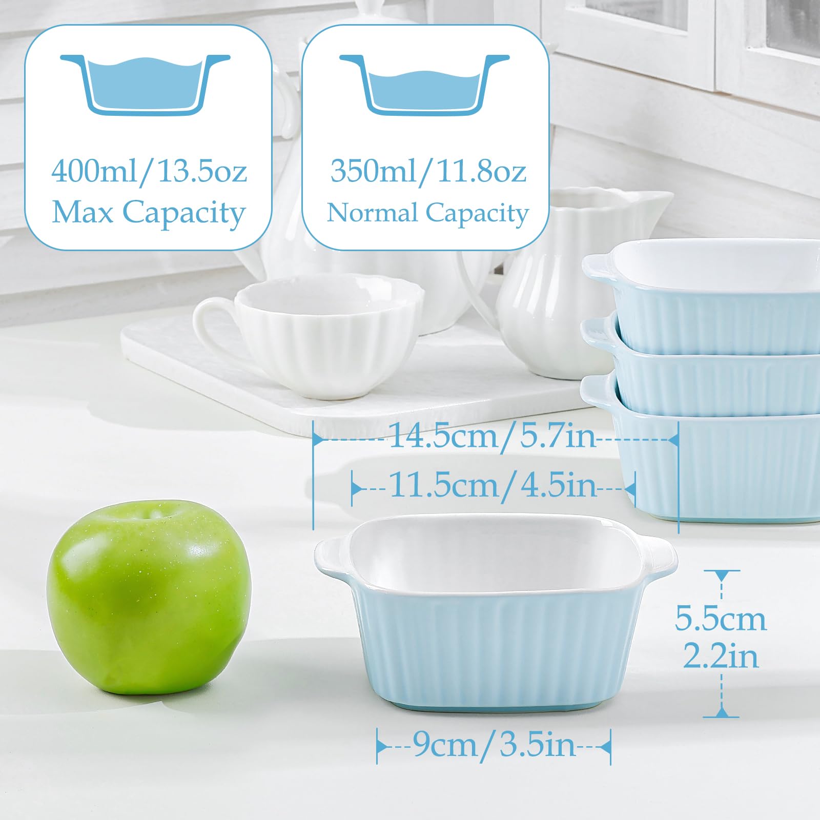 NUTRIUPS Zestaw 4 ceramicznych naczyń do pieczenia 13 uncji, kwadratowe naczynia do pieczenia, małe naczynie do pieczenia 400 ml do fritkownicy, ceramiczne naczynia do pieczenia z uchwytami