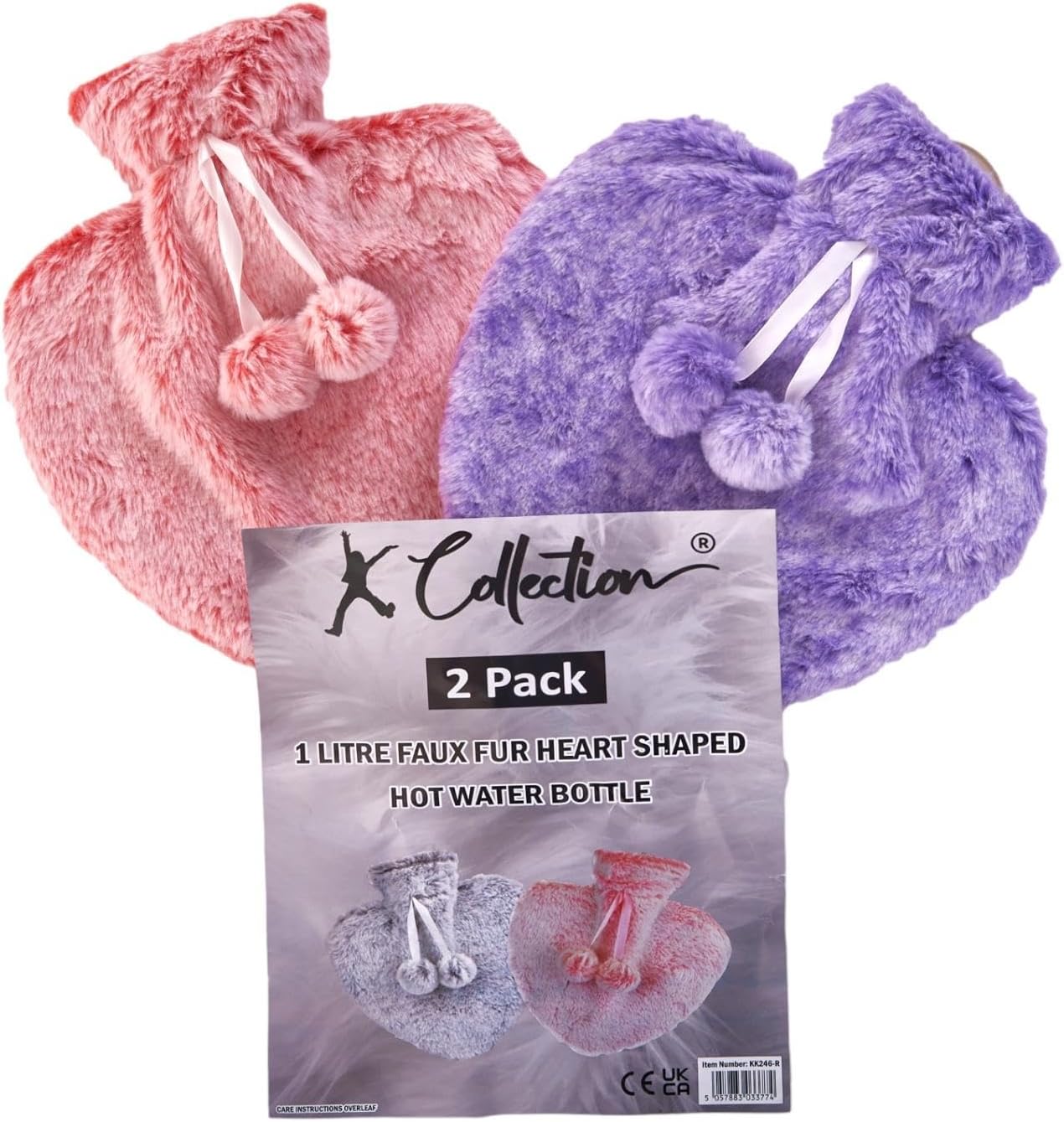 Pack of 2 Large Heart Shaped Hot Water Bottle - Natural Rubber with Faux Fur Covers - 2 x 1 Litre Ribbed Hot Water Bottles with Plush Covers (Red/Purple)
