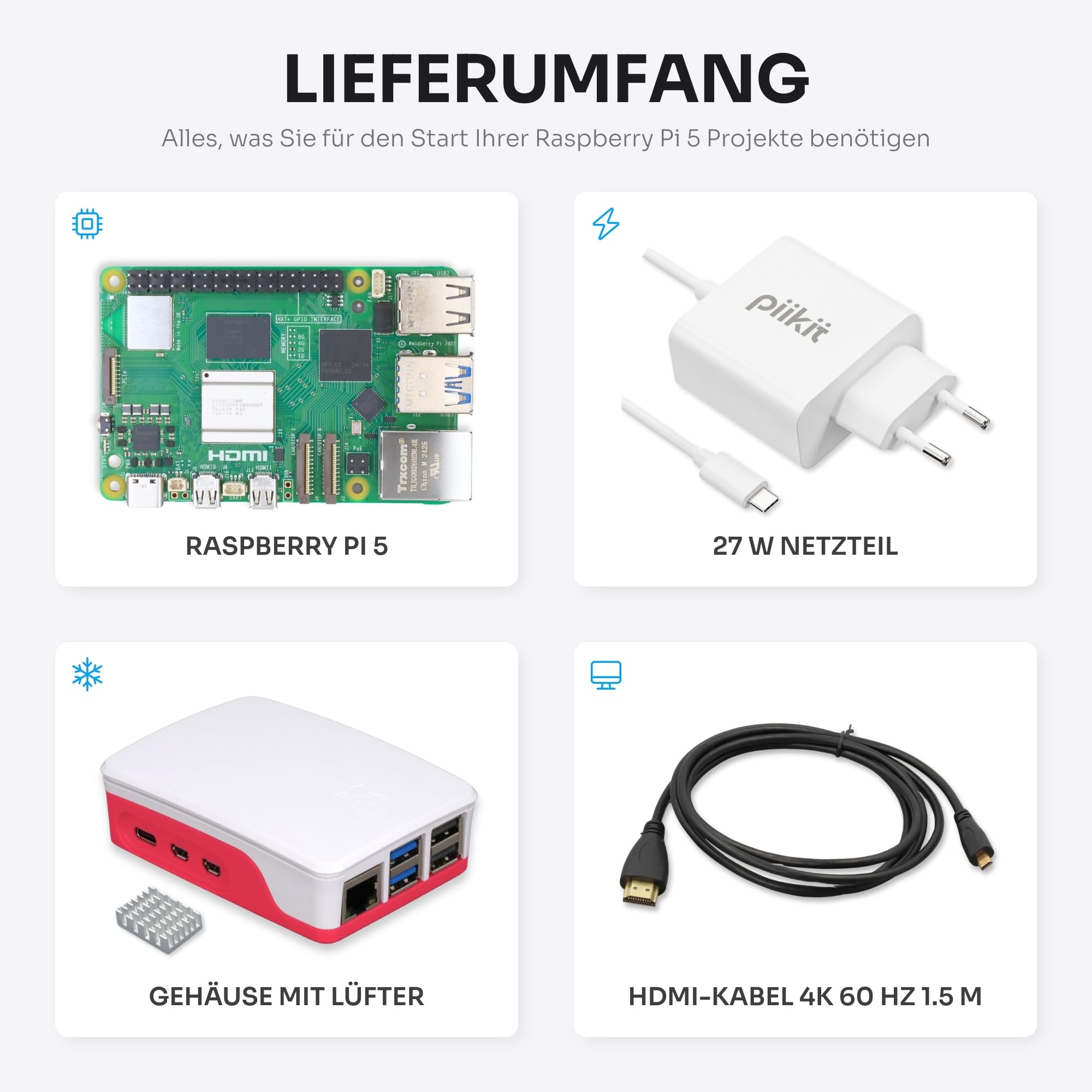 Starter-Set für Raspberry Pi 5 2 GB - Essential Edition | 27 W Netzteil | Gehäuse mit integriertem Lüfter und Kühlkörper | 4K 60 Hz Micro-HDMI-Kabel