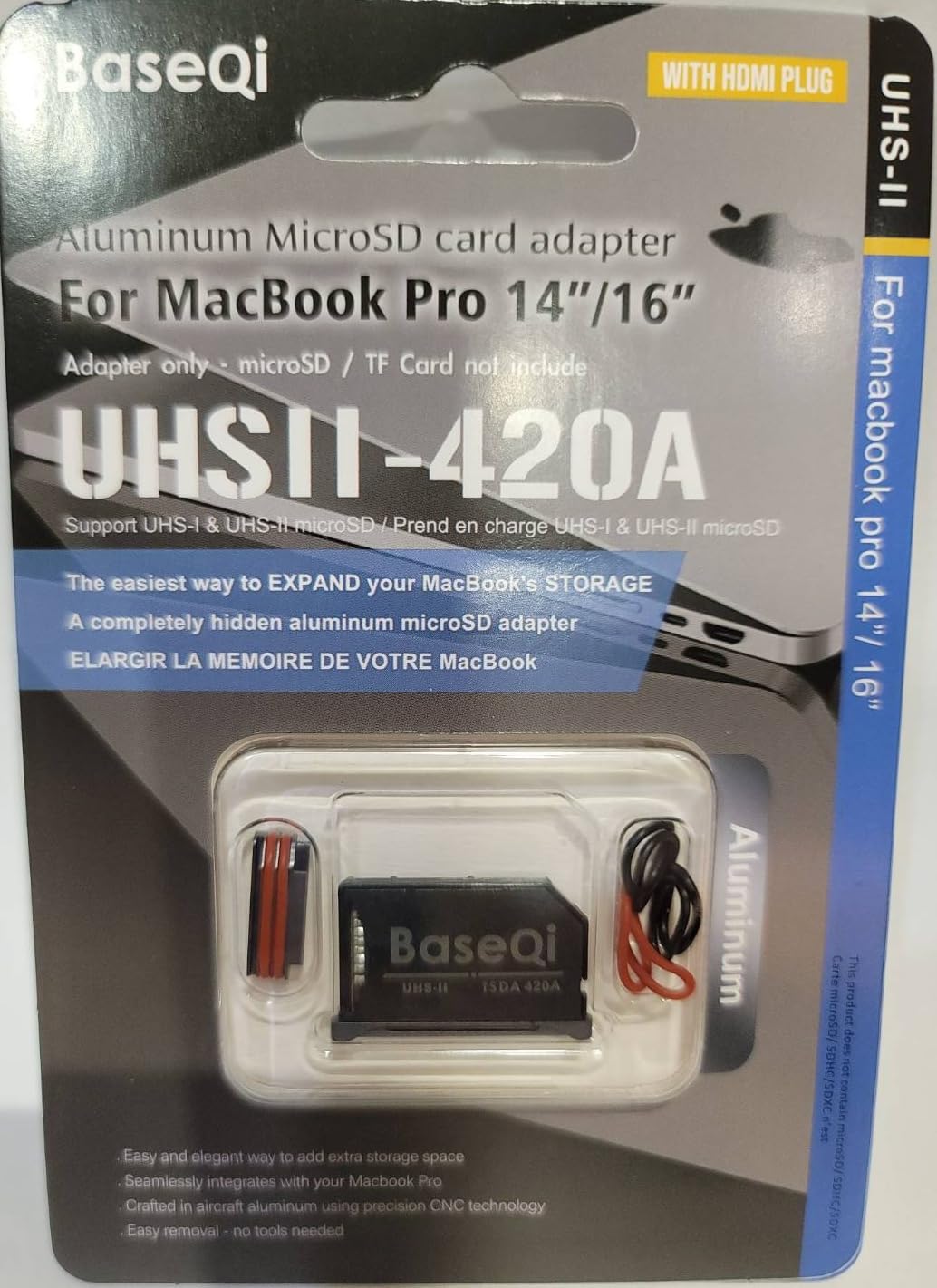 BaseQi UHS-II Aluminium microSD-Adapter für MacBook Pro 35,6 cm & 40,6 cm (2021 M1/2022 M2/2023 M3/2024 M4) Space Black HDMI-Staubschutz