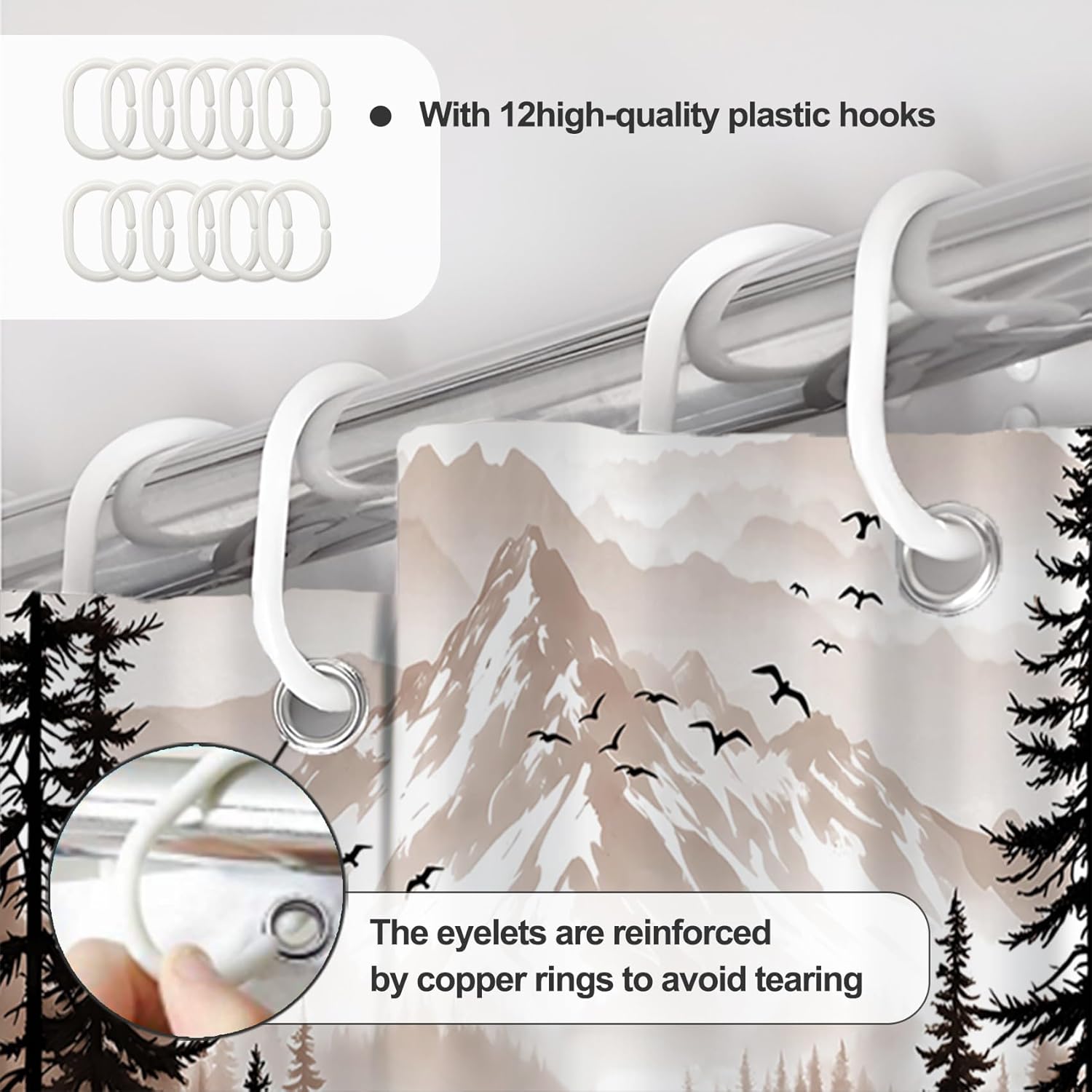 Brown Forest Pine Shower Curtain Mountain Birds Misty Scenery Shower Curtain Waterproof Fabric for Bathroom Decor 72x78 inch