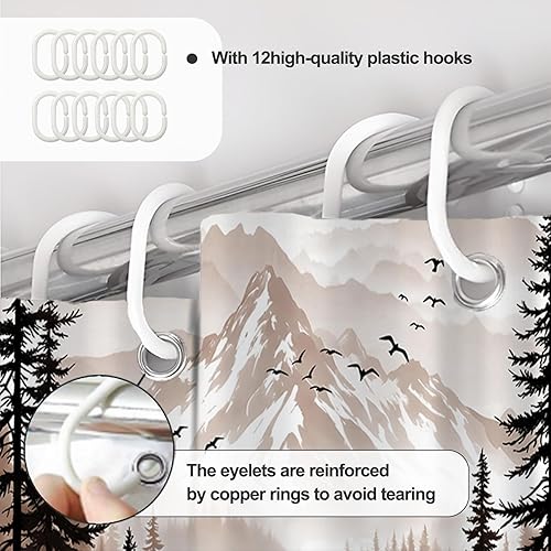 Miniatura 7 de Cortina de ducha con diseño de pino bosque, montañas, pájaros brumosos, tela impermeable para decoración de baño, 72 x 72 pulgadas