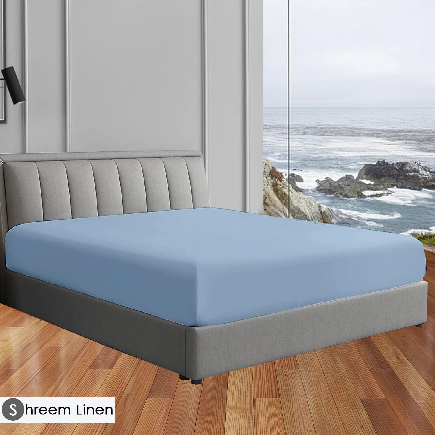 100% Cotton King Fitted Sheet, Long - Staple Combed Pure Natural Cotton Sheet, Soft & Silky Sateen Weave (Light Blue,King Fitted)