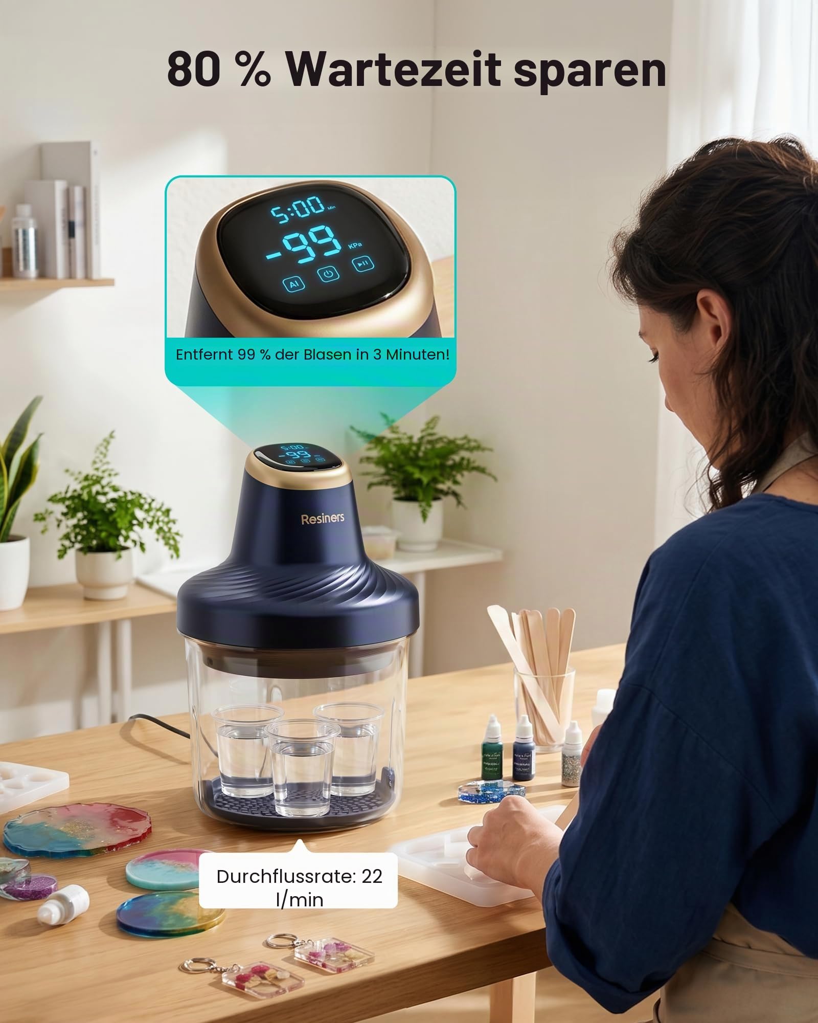 Resiners Airless Pro3 Harzblasentferner, 99 kPa Vakuumkammer (22L/min), 99% Blasen in 3 Minuten entfernen, 3,2L Großkapazität Harz Blasenentferner für Epoxidharz UV-Harz Silikonschmuckherstellung