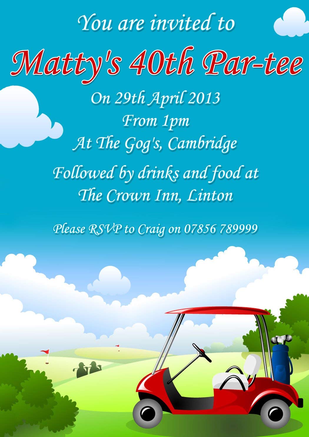Personalised Golf Par-tee Party Invitation Adult Child Printed Invite Boy Girl Male Female For Him For Her Special Occasion Hen Night Wedding Christening 5 10 20 30 40 50 60 70 80 90 100