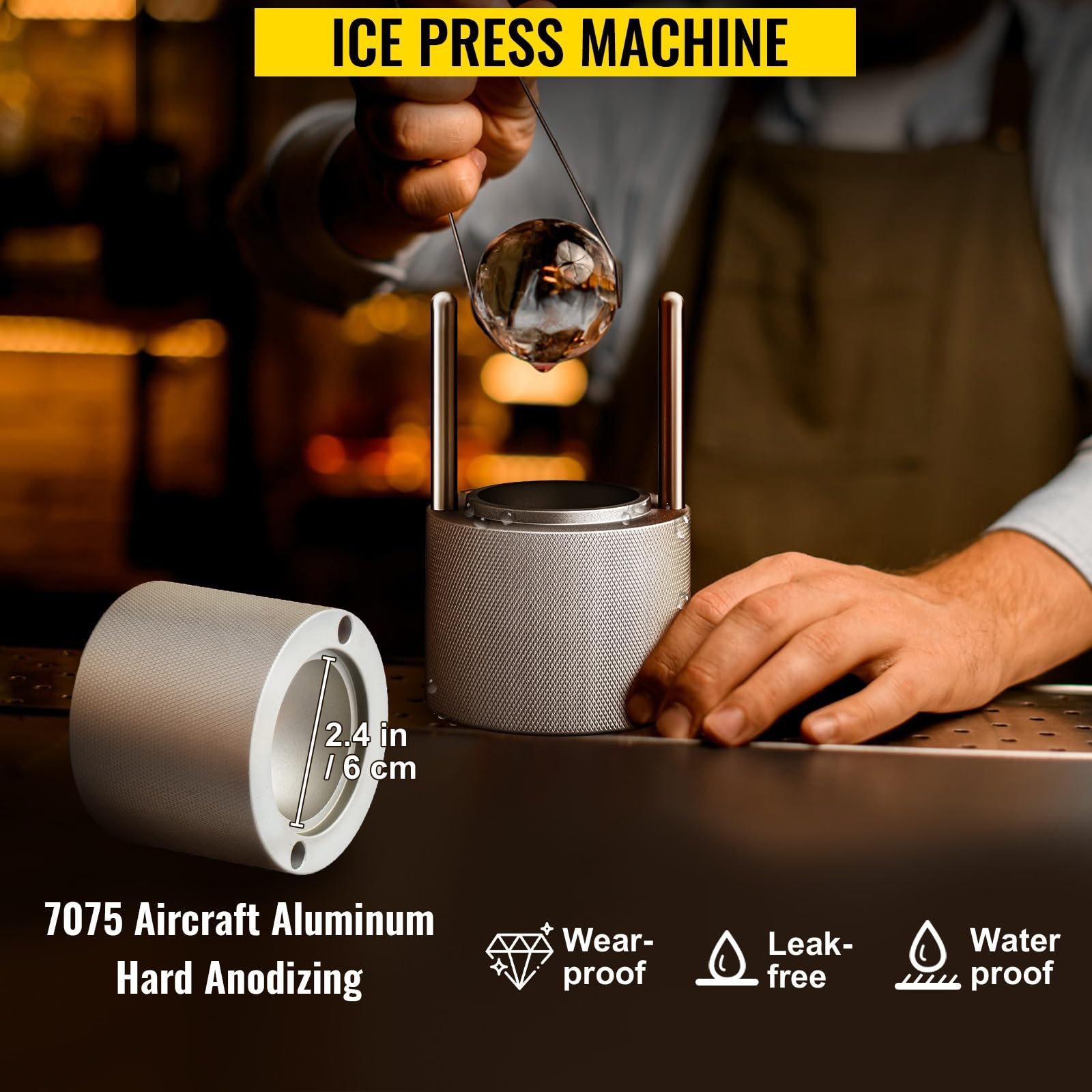 2.4Inch Ice Ball Press Kit Anodized 7075 Aluminum Food-grade Silicone Moulds for Whiskeys Cocktails on Parties & Holidays