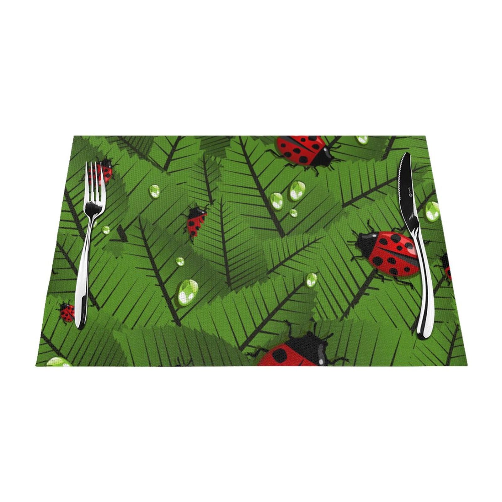 PVC Placemat Set of 4 PCS, 45x30 CM, Leaves and Ladybugs Printed Non-Slip Heat Resistant Place Mats for Kitchen Dining Table Indoor Outdoor