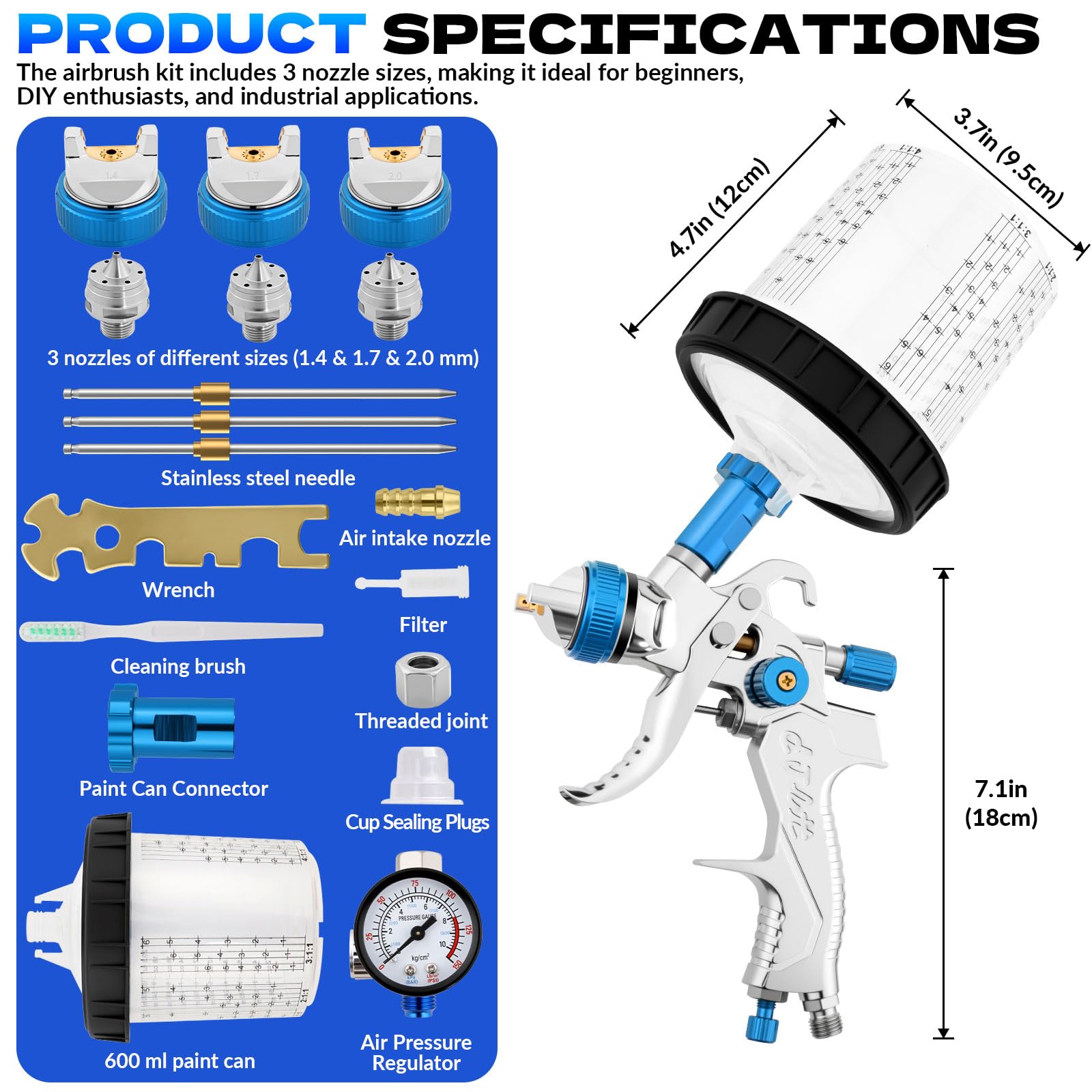 Kit di spruzzatori HVLP per vernice, Include 3 ugelli (1,4 mm, 1,7 mm, 2,0 mm), tazza in plastica da 600 ml e valvola di sicurezza per lo scarico della pressione(blu)