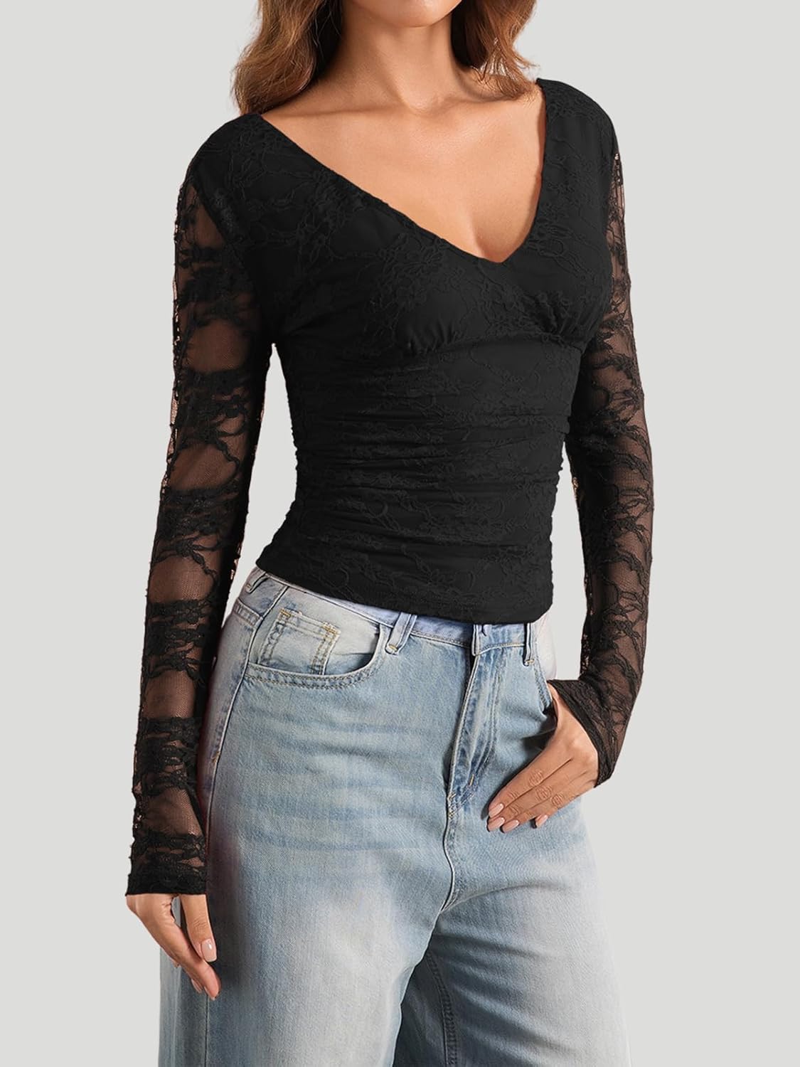 WISFRUIT Women's Sexy Deep V-Neck Lace Long Sleeve Shirts Double Lined Slim Fitted Backless Tie Going Out Crop Top - Image 4