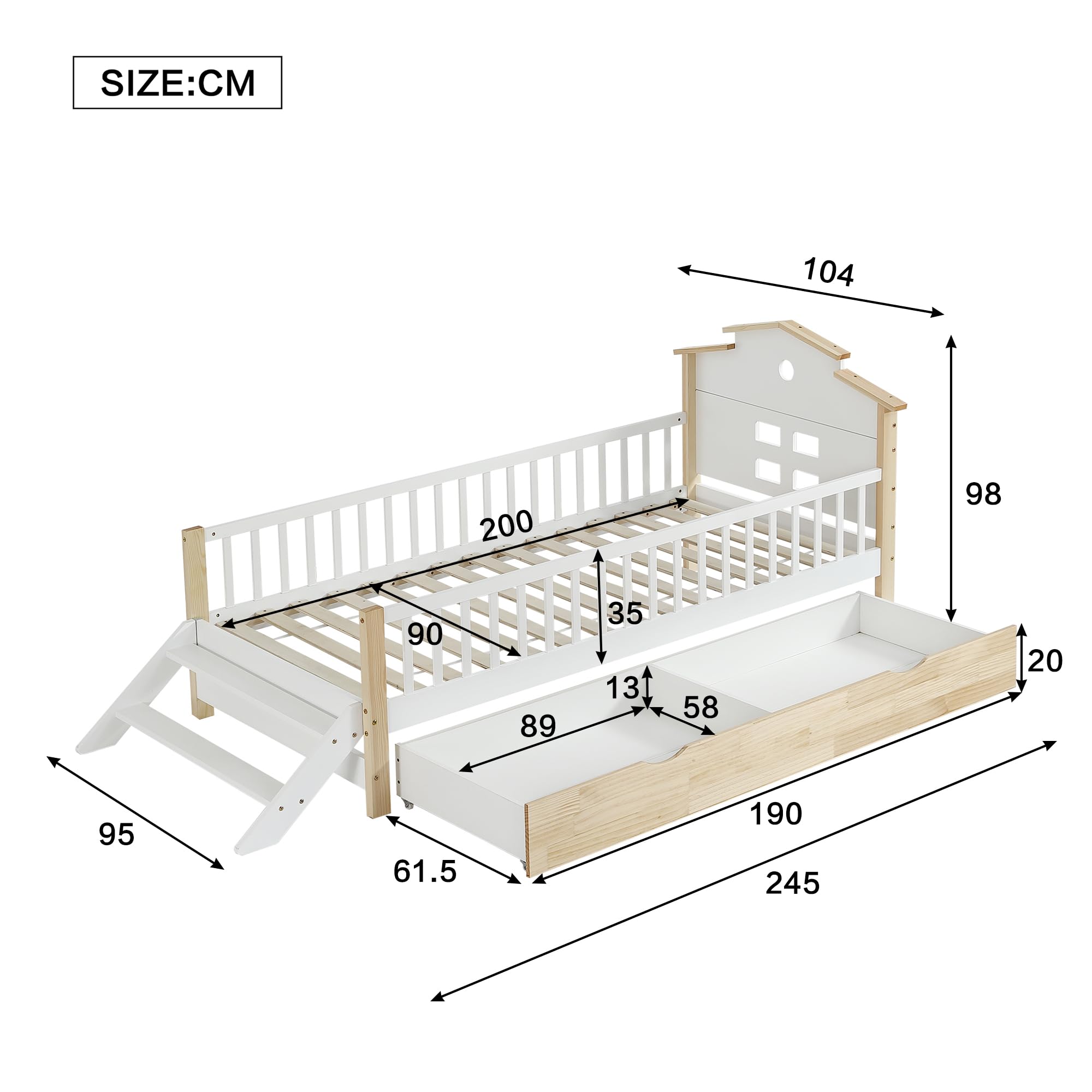 Kayan Cuna, con protección contra caídas y rejilla, con escalera lateral, diseño de techo único, adolescentes y adultos, camas planas, camas de madera, marco de pino+MDF, blanco y natural, 90 x 200 cm