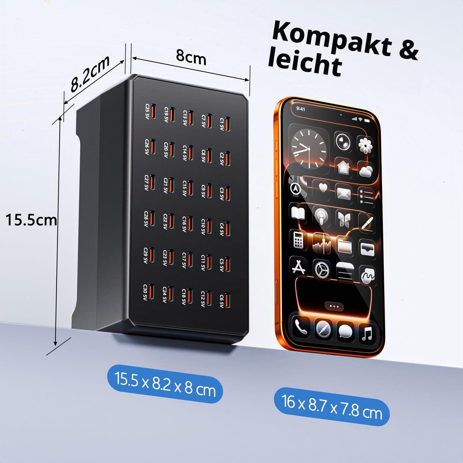 USB C Ladestation 30 Ports, 180W/30C Mehrfach-USB-Ladestation