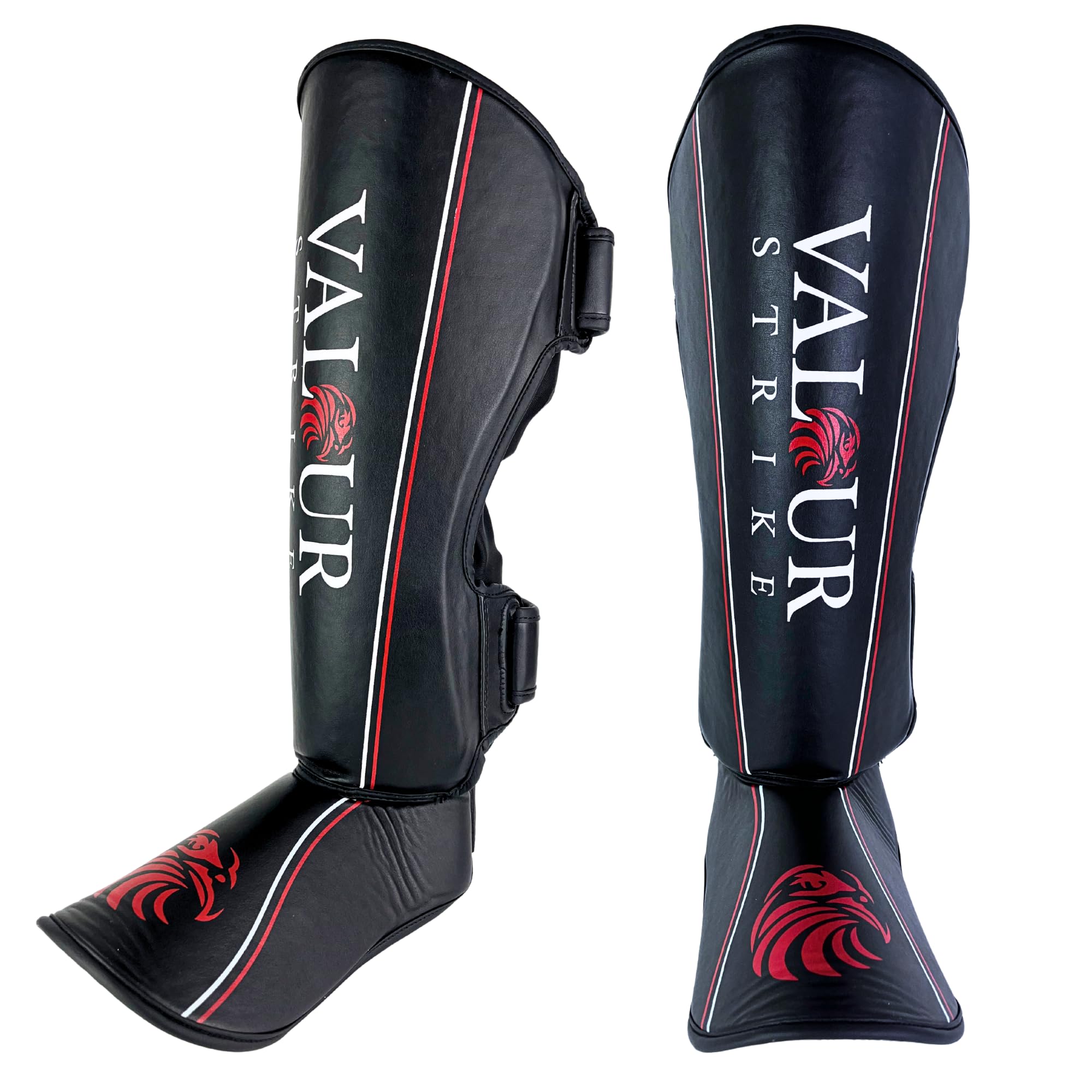 Valour Strike Shin Guards for Kickboxing Muay Thai MMA Karate Martial Arts Taekwondo or Kick Boxing | Sparring Pads to Guard Leg Foot & Instep | Protective Equipment (Black, Medium)