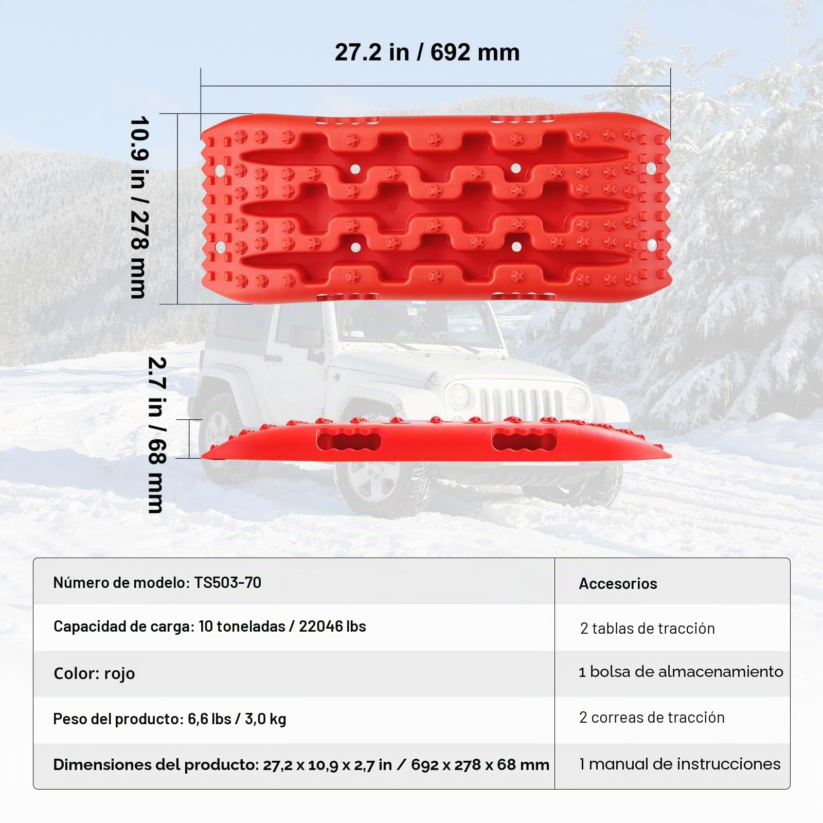 VEVOR Placa de Aterrizaje de PP 10 T Estera de Tracción para Todoterreno/Coche/Pick-up/SUV/RV Tabla de Recuperación de Arena y Lodo de Nieve Bolsa de Almacenamiento, Corta, Roja, 2 Piezas