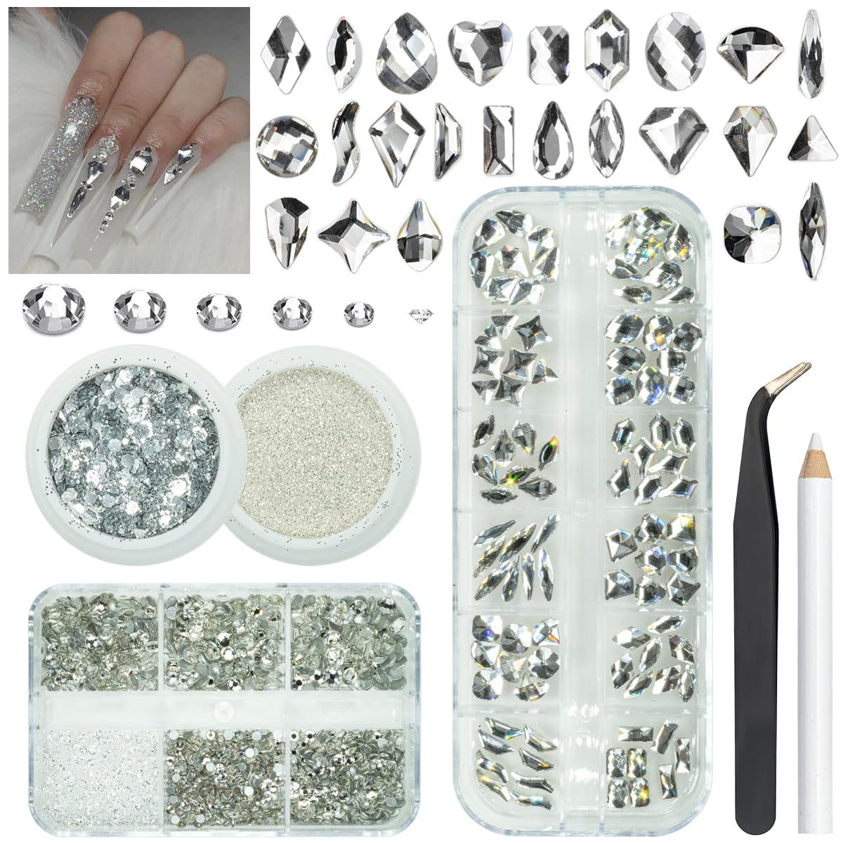 qiipii 4 Boxes Silver Clear Nail Rhinestones and Glitters 24 Shapes K9 Glass Crystal White Gems Flatback Round Stones Diamonds Crystals Nail Art