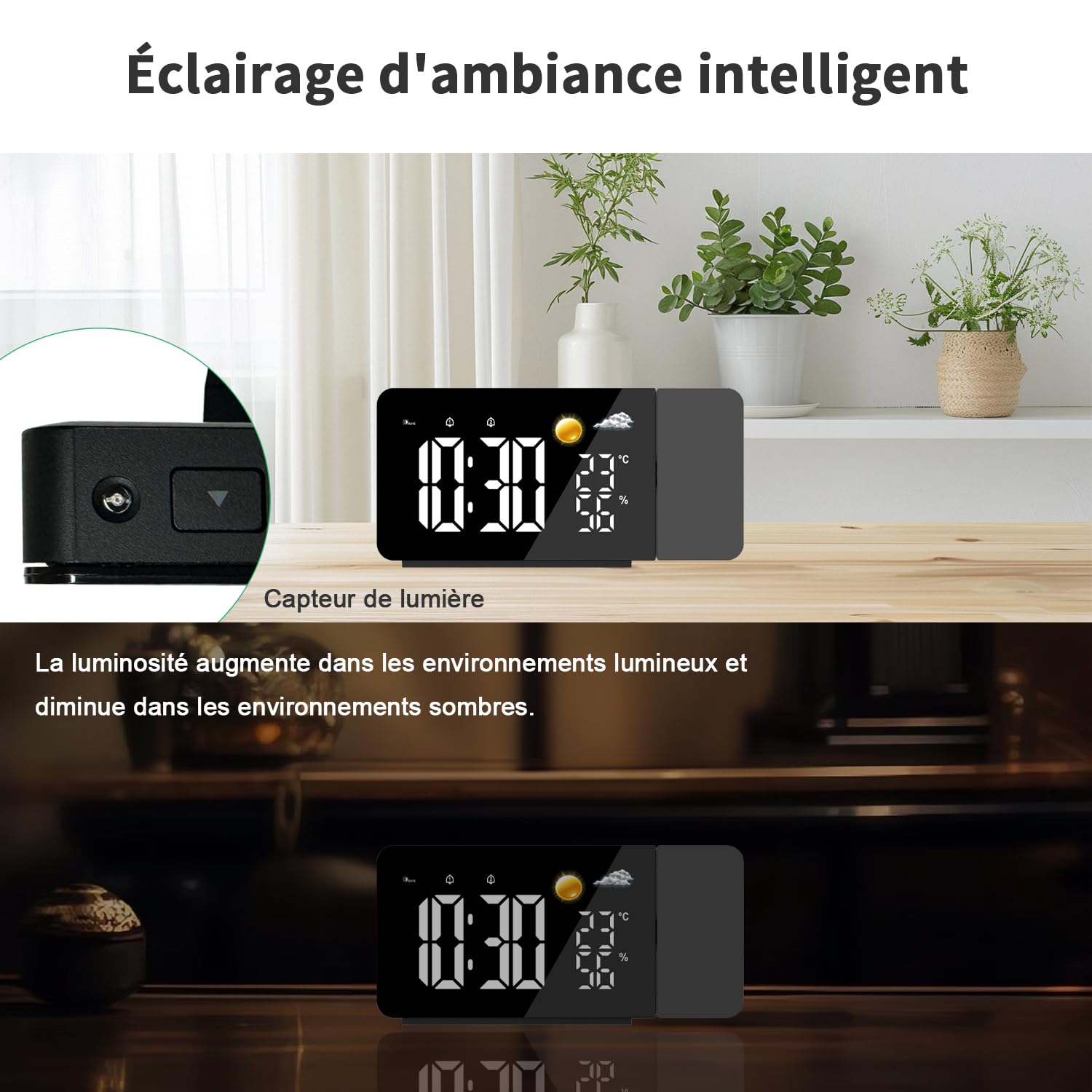 Uzoli EM3211A Réveil-projecteur Plafond LED avec Prévisions Météo 8h, Température et Humidité, 2 Alarmes, Snooze, Projection Rotative 180°, 10 Sonneries