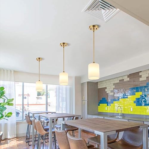 Miniatura 6 de Lámpara colgante moderna dorada, paquete de 3 lámparas de latón cepillado de mediados de siglo, cilindro blanco, pantallas de vidrio, varillas