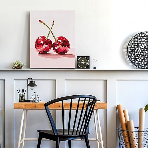 Miniatura 6 de APJYM Funky Y2K - Arte de pared de cerezo con bola de discoteca, moderno retro de los años 70, diseño de cereza rosa preppy, arte de pared para