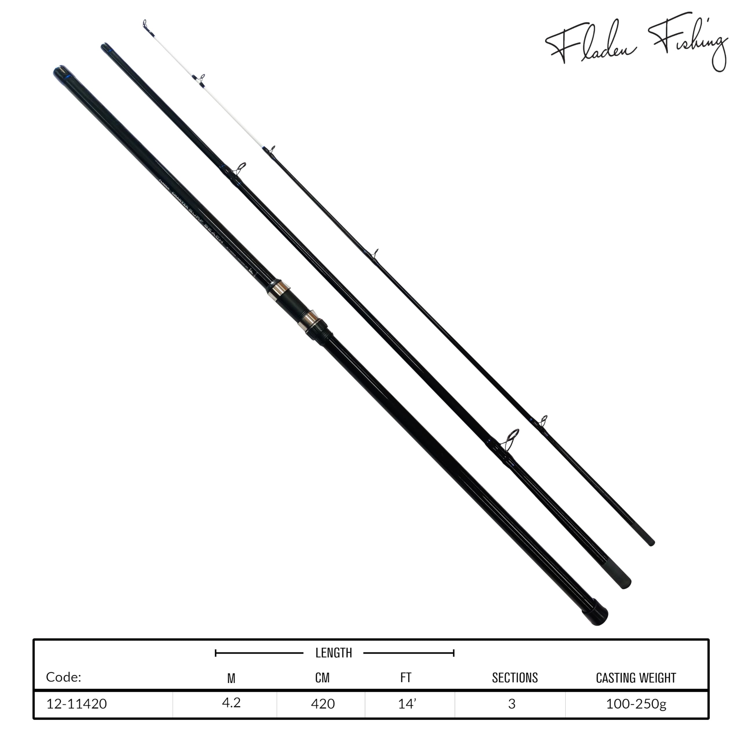 CHARTER 12-11420 - Canna da surf/spiaggia da 4,2 m, in carbonio leggero, potenza di lancio 100-250 g, per acque costiere del Regno Unito, 3 pezzi