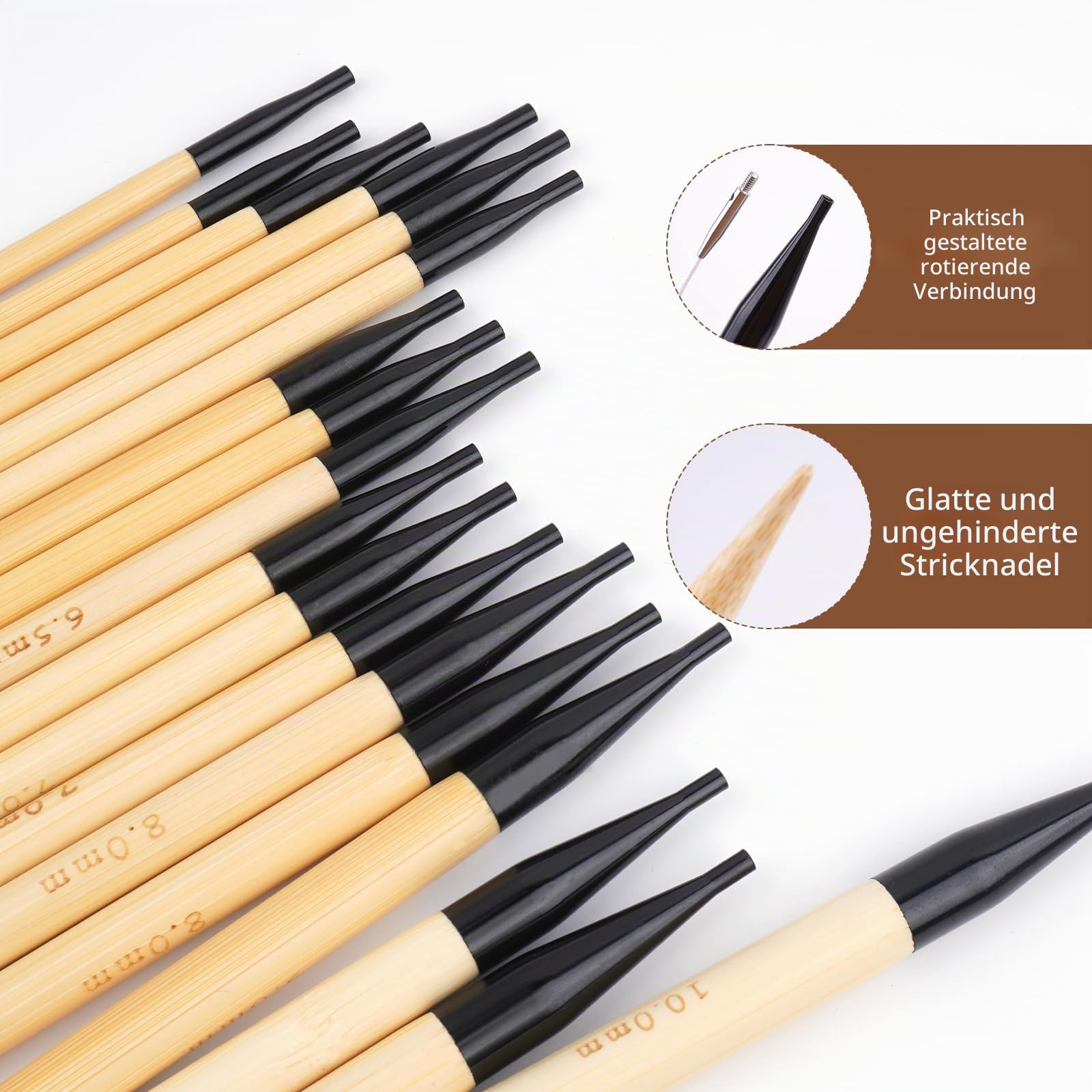 WAZAIGUR Austauschbares Rundstricknadel-Set aus Bambus mit Etuigrößen 3,5 mm, 3,75 mm, 4 mm, 4,5 mm, 5 mm, 5,5 mm, 6 mm, 6,5 mm, 7 mm, 8 mm, 9 mm, 10 mm, 12 Paar, 4 Kabel