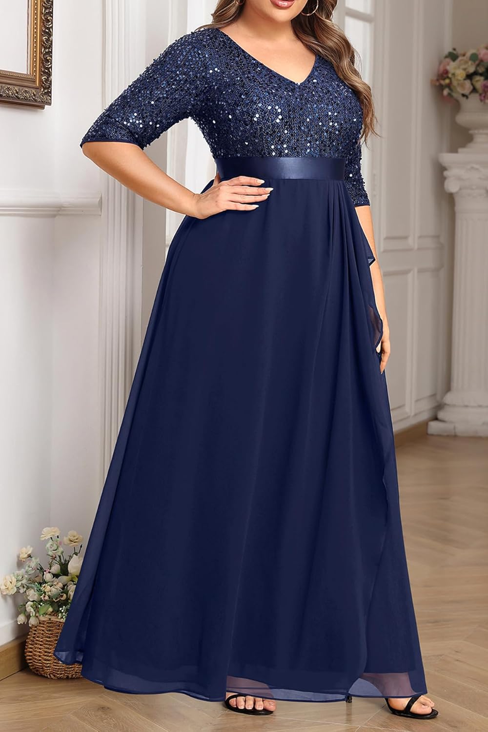 Plus Size Formal Dresses - V Neck 3/4 Sleeves Sequin Evening Gowns Prom Gala Wedding Guest Chiffon Long Maxi Dress - Image 3