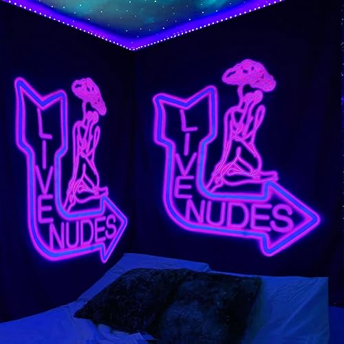Letrero de neón para dormitorio, tapiz colgante de pared rosa con luz negra, tapiz de hongos con luz negra, tapiz de neón para dormitorio, tapiz