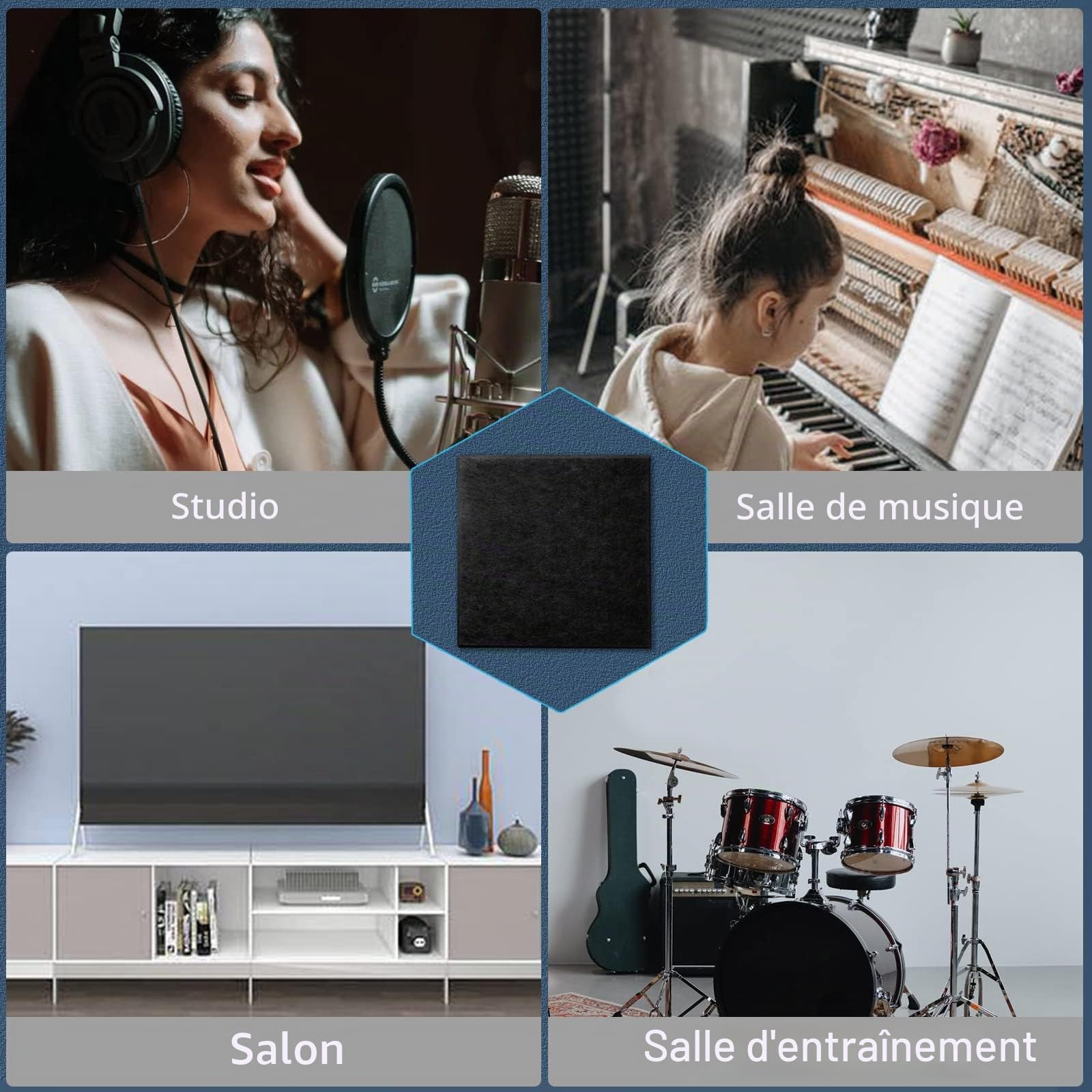 Lot de 12 plaques acoustiques carrées autocollantes - Isolation acoustique haute densité - Pour mur, plafond, bois et porte - Panneau acoustique - Plaque acoustique - 30 x 30 x 0,9 cm - Noir