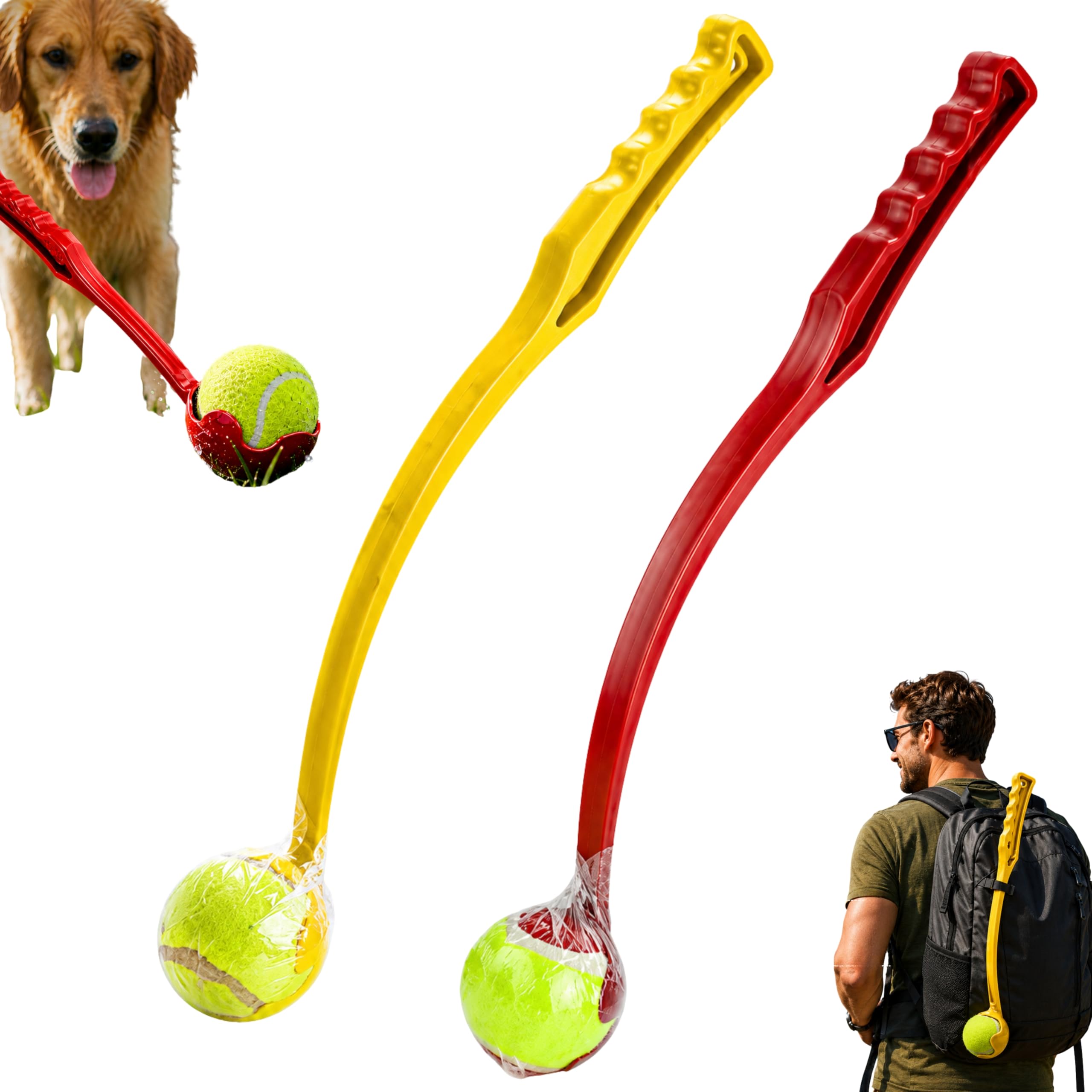 HOVUK 2x Pet Pro Interactive Dog Fetch Toy – 2 Tennis Ball Launcher Stick for Dogs, Durable Long Throw Ball Chucker & Picker for Outdoor Play and Training