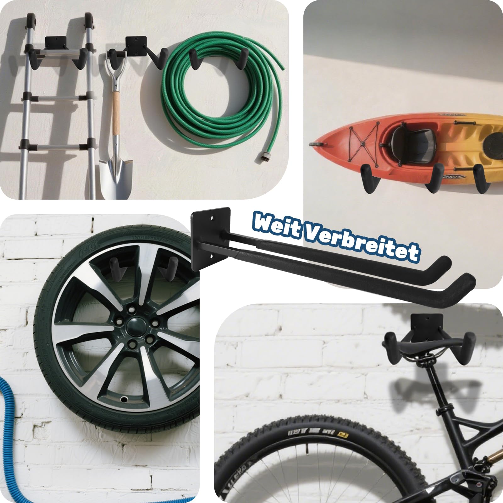 Storystore Garagenhaken, 4 Stück Länge 35.5cm Reifenhalter Wandhalterung, Schwerer Werkzeug Autoreifen Wandhalterung für Autoreifen, Fahrräder, Leiter, Gartengeräte, Platzsparend Belastung: 80 kg